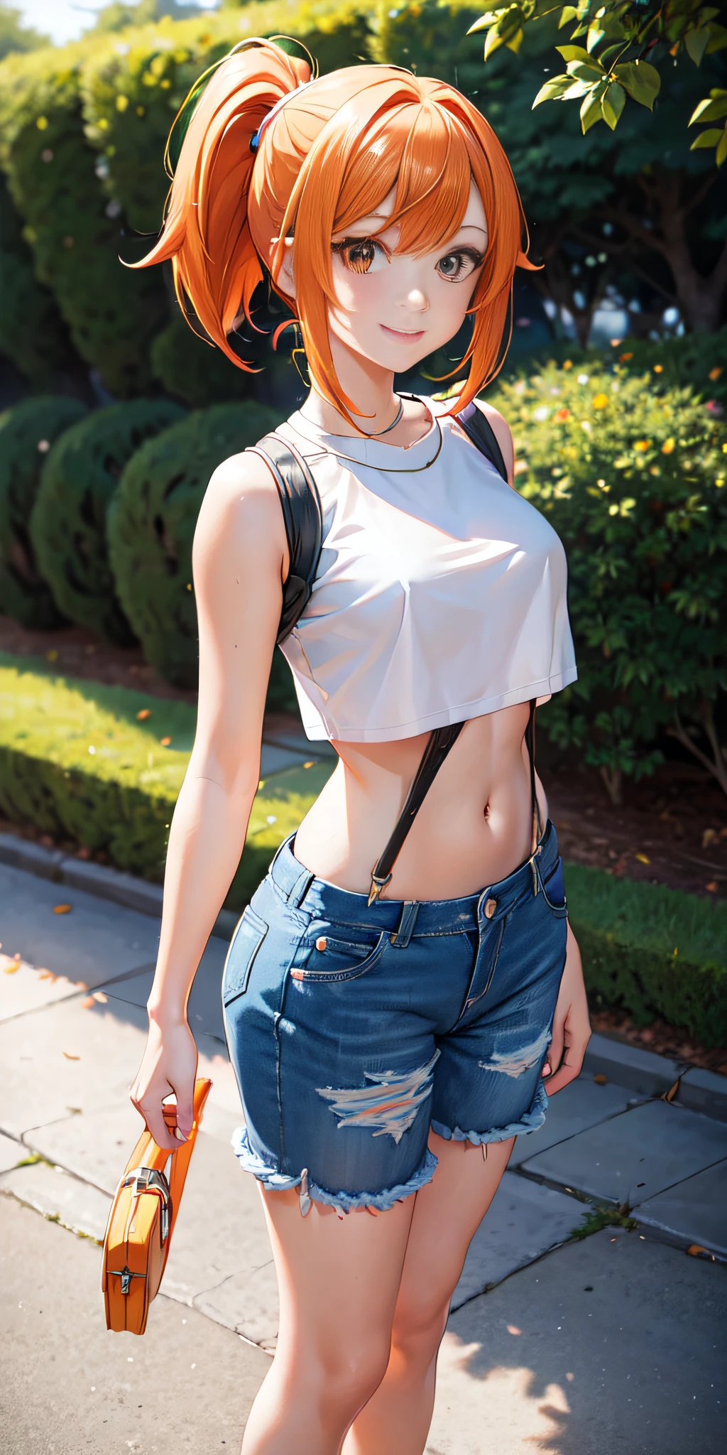 professional anime, anime :Pokemon, anime style: OLM.inc, masterpiece, best quality, high resolution, 1 woman only, misty (pokemon), orange hair, solo, shorts, suspenders, side ponytail, orange hair, stomach, yellow crop top, navel, short hair, denim, jean shorts, smile, cowboy shot, standing, pace_sign, outdoors, (((100% Nude)))