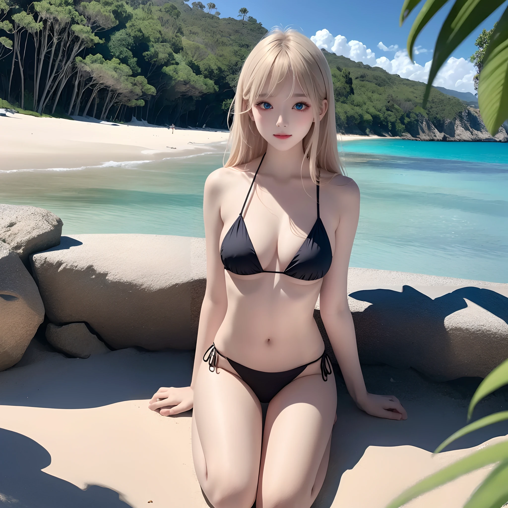 Beautiful girl alone、Blonde with perm、Blue eyes、Black Bikini、gravure、Kneeling、A sexy、sand beach、sea side