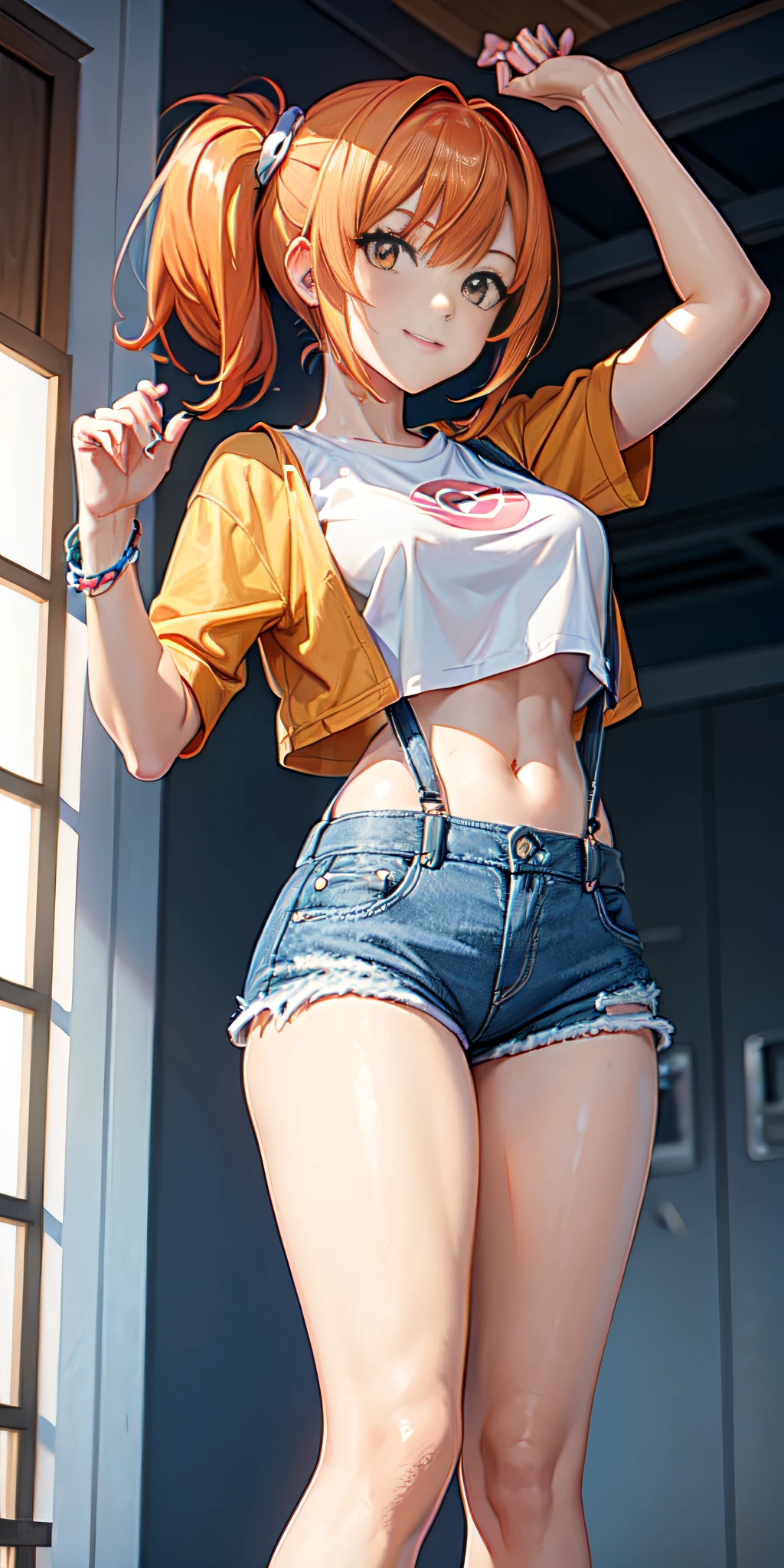 Create an anime-style female Pokémon character. she has fair skin, blue eyes and her hair is dark brown and styled in two large buns on each side of her head.. She is dressed in a tight white t-shirt with light blue sleeves.., with emblem on the chest and yellow shorts. The character wears white sneakers and is standing. Your body is well developed, Your breasts are full, Her waist is slender, your hips are wide and your thighs are thick. Your hands and feet are small. She has a beautiful smile.