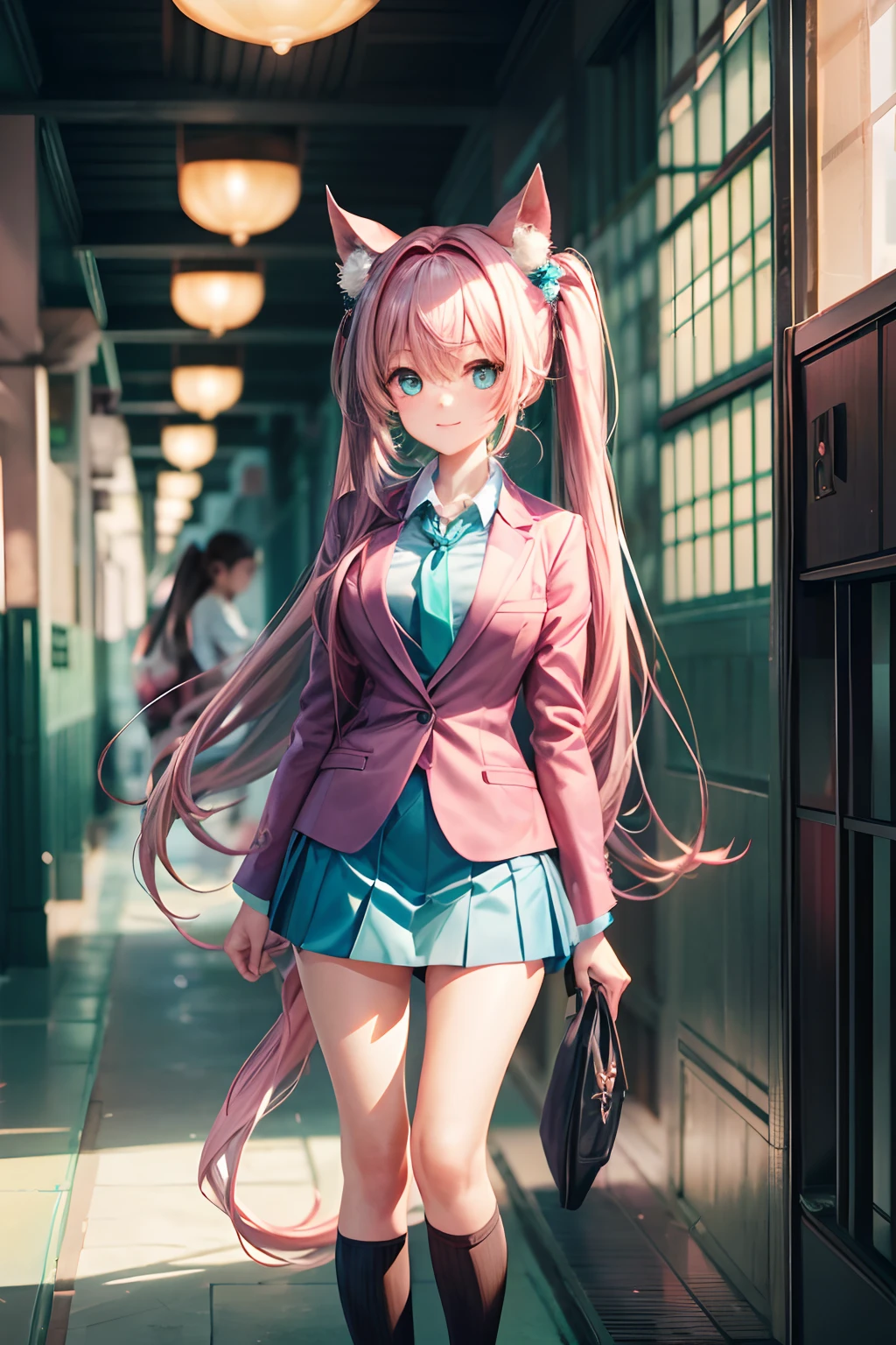 (hoang lap,hight resolution,Hyper-detailing,nffsw),tmasterpiece,best qualtiy,1girll ,Handsome,Long pink twin tail hair,A detailed face,full body Esbian、A dark-haired、High School Uniform、pink blazer、Dark blue mini skirt、Pink tie、Schools、Full body S screw、Self-shot,lightsmile,(teal eyes)