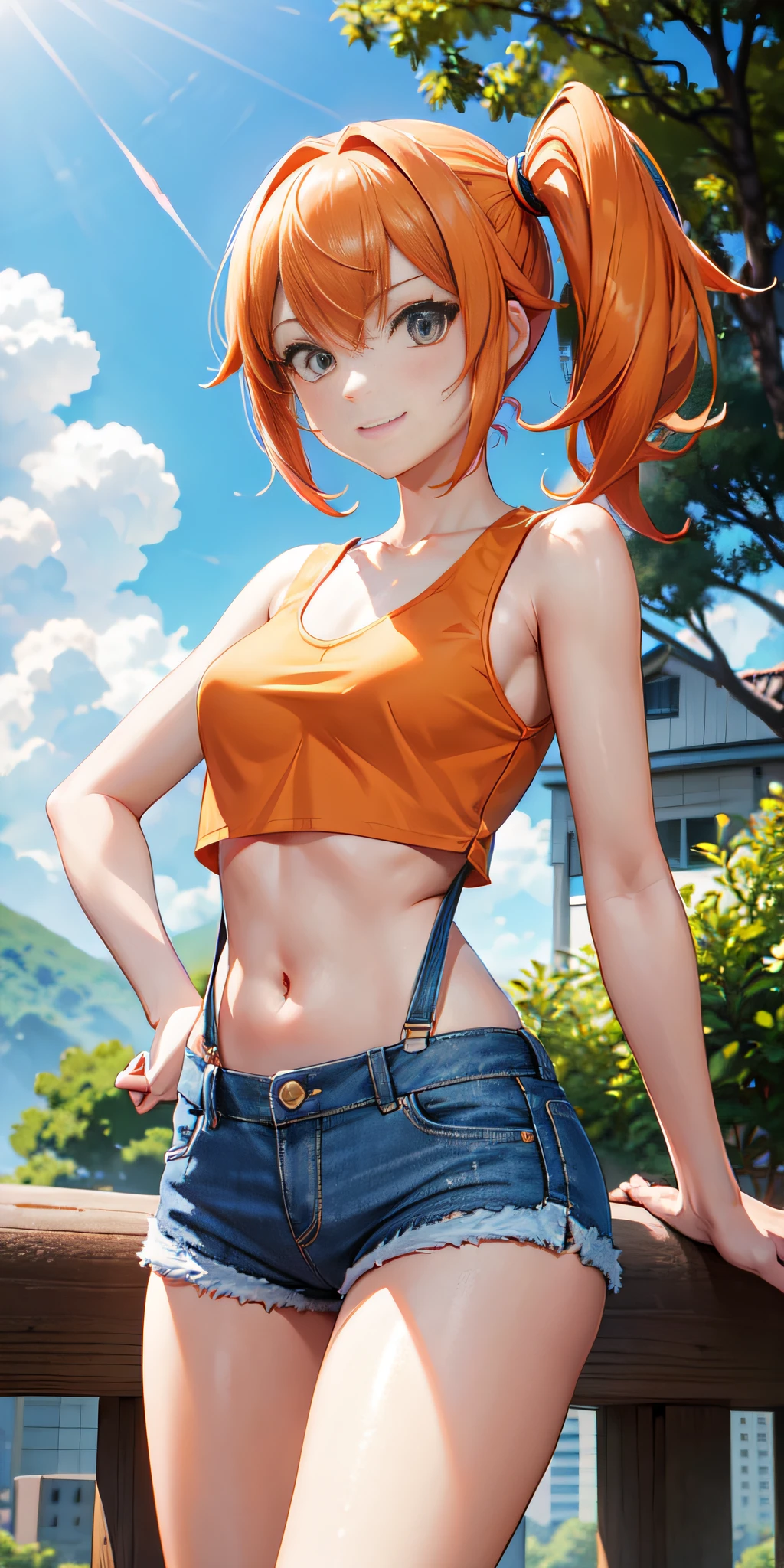 professional anime, anime :Pokemon, anime style: OLM.inc, masterpiece, best quality, high resolution, 1 woman only, misty (pokemon), orange hair, solo, shorts, suspenders, side ponytail, orange hair, stomach, yellow crop top, navel, short hair, denim, jean shorts, smile, cowboy shot, standing, pace_sign, outdoors, ((90% Nude))