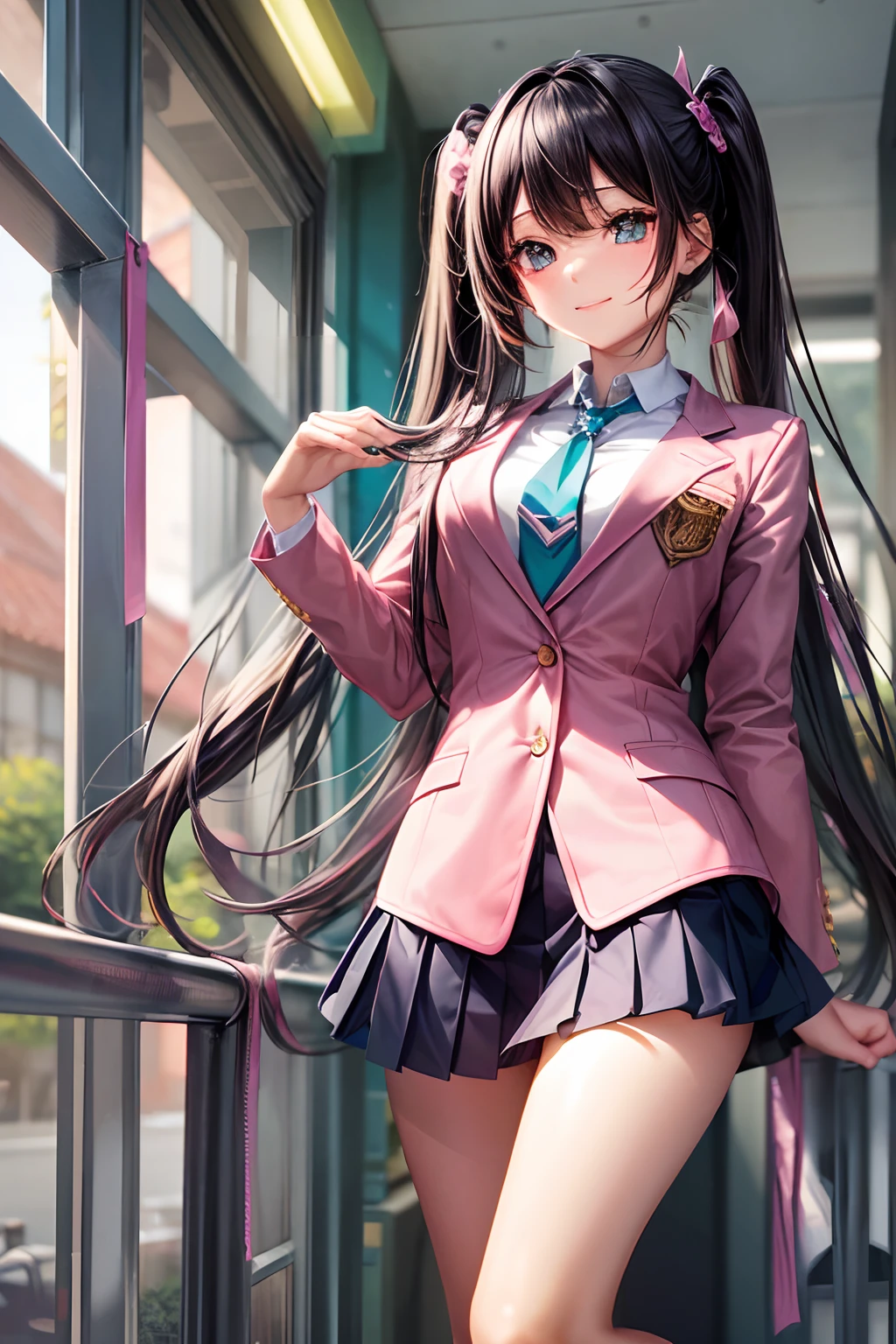 (hoang lap,hight resolution,Hyper-detailing,nffsw),tmasterpiece,best qualtiy,1girll ,Handsome,Long pink twin tail hair,A detailed face,full body Esbian、A dark-haired、High School Uniform、pink blazer、Dark blue mini skirt、Pink tie、Schools、Full body S screw、Self-shot,lightsmile,(teal eyes)