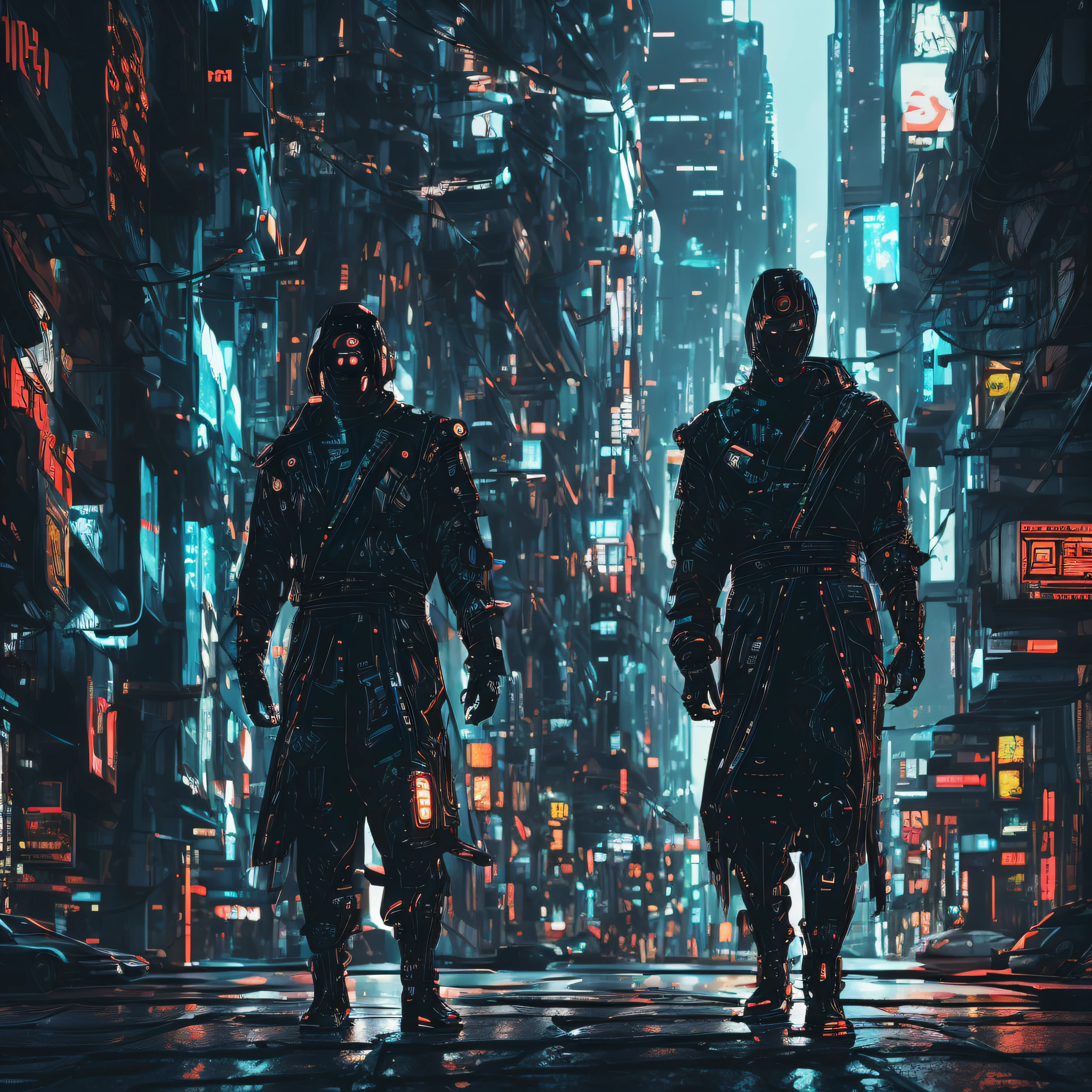 (Best Quality:1.3), (best performance:1.2), (Best Illustration:1.2), (Comic style:1.2), (Artistic movie lighting:1.2) (1man) Wearing futuristic technology cyberpunk electronic robes, His body is covered with metal parts, Horror movie backgrounds like the movie of a futuristic cyberpunk city. --auto