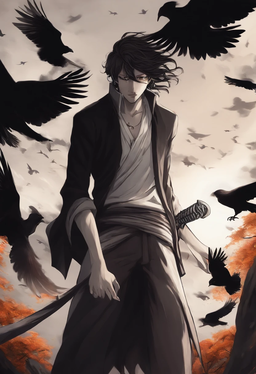 urahara kisuke, anime bleach, com asas negras abertas, rodeado por corvos, Crows flying in the sky, estilo anime, fanart