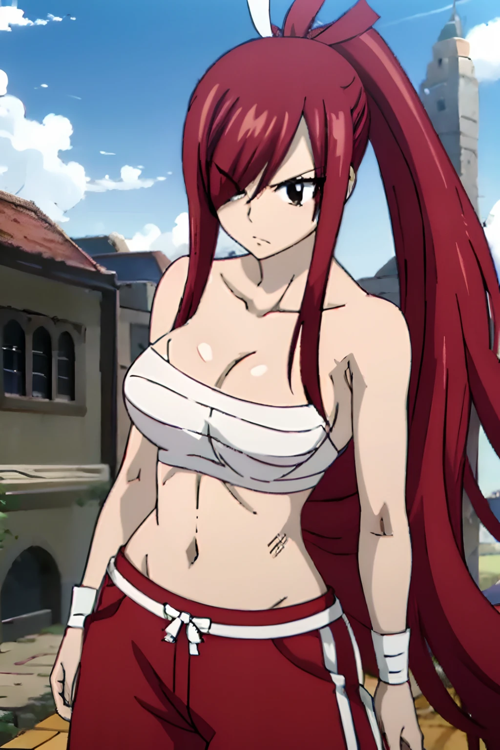 fairy tail, 1girl, long hair, red hair, ponytail, white ribbon, hair over one eye, brown eyes, large breasts, collarbone, chest sarashi, bandage, bare arms, midriff, red hakama, red pants, sexy pose,