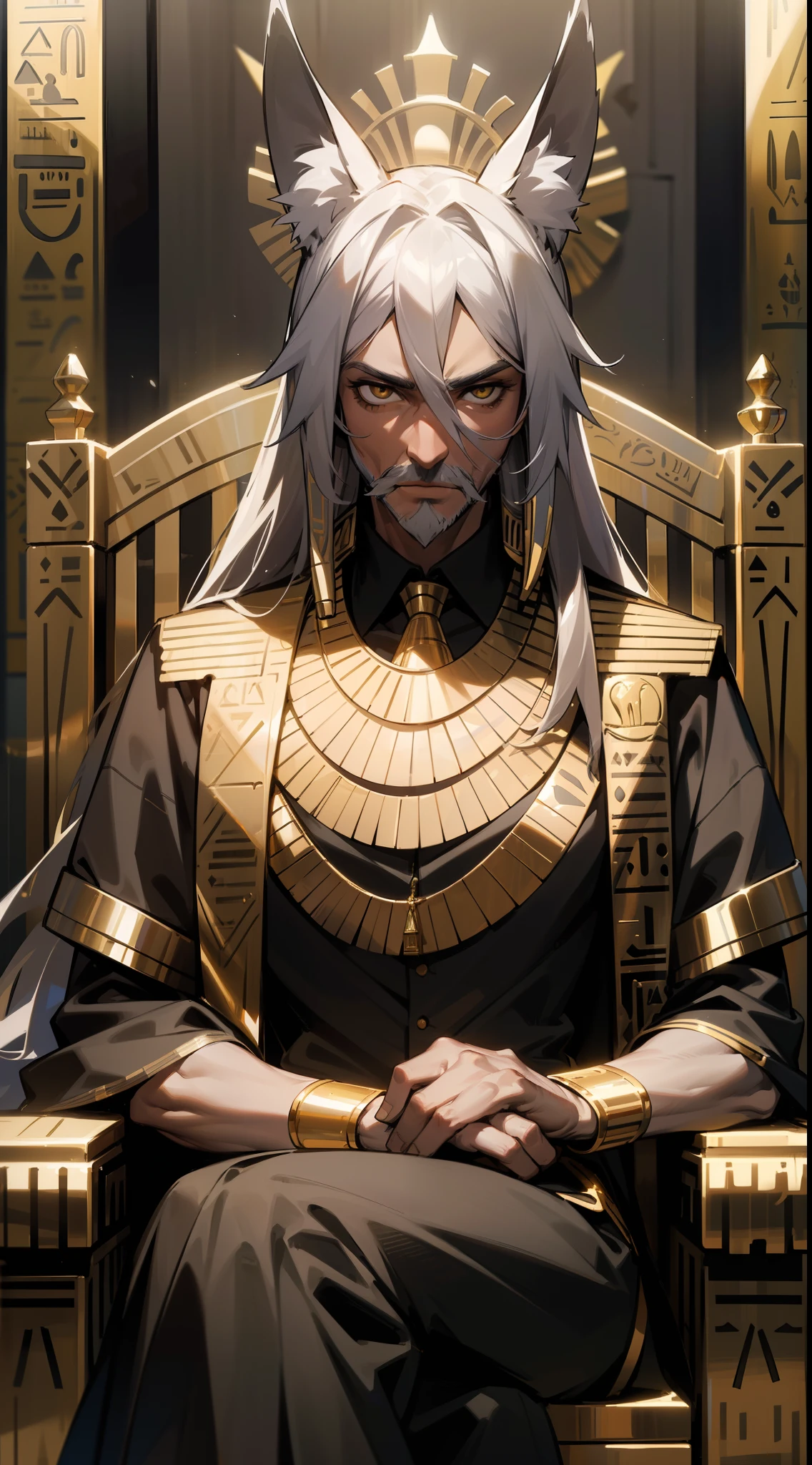 (Original Character,8k, Masterpiece, Best Quality,Detailed, Beautiful Detailed Eyes, solo),1man,40 years old,serious face,tall,mature male,extremely defined muscles,egypt black and golden outfit,egypt blouse,(gray hair),long hair,((gray beard)),yellow eyes,fox ears,pharaoh,((sitting on a throne on a Egyptian castle,gold jewels around)),(colored skin,Extremy black skin,vanta black skin color),cowboy shot
