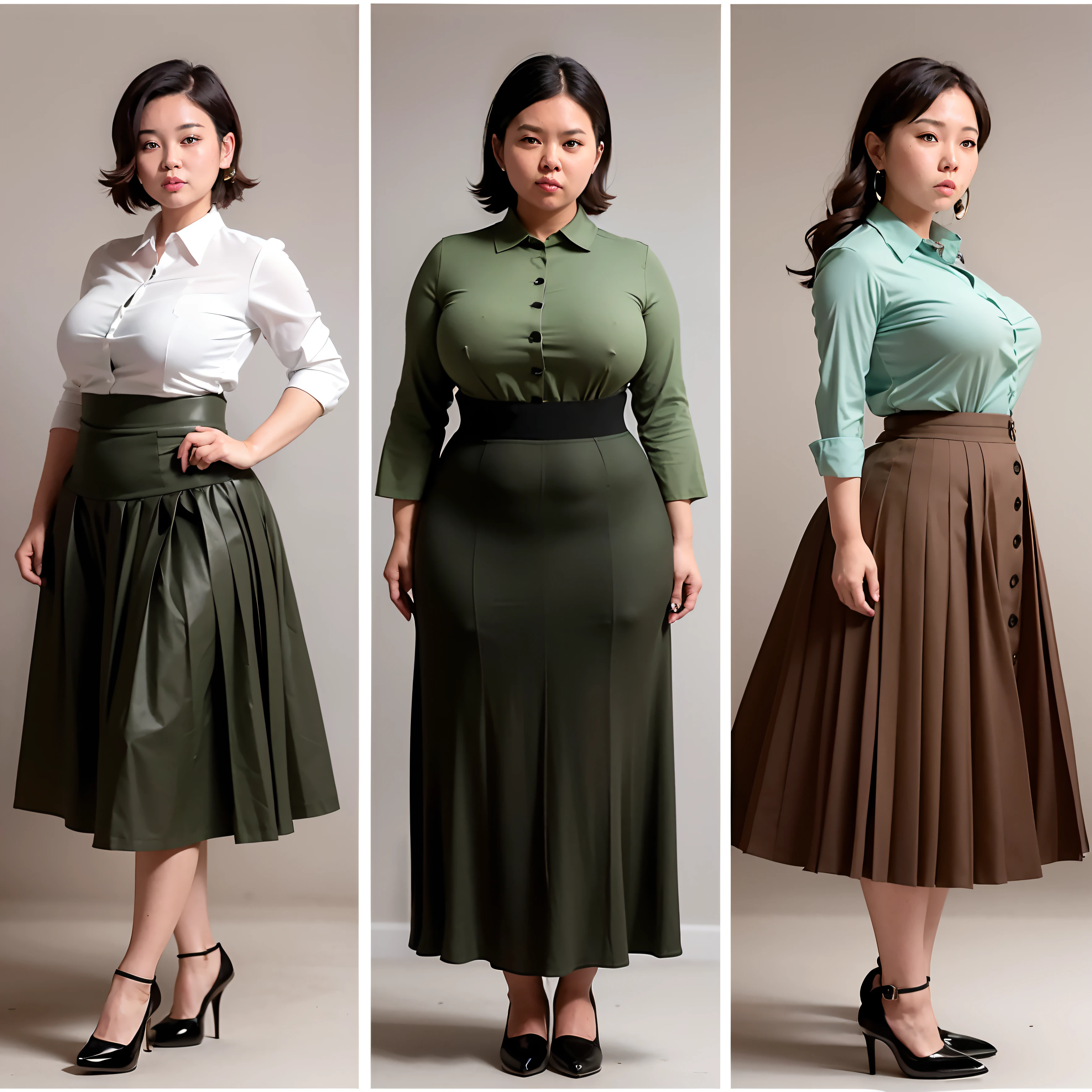 four different photos of a woman in a skin tight see thorough skirt and a shirt, wide skirts, style kim jung gi, different full body view, inspired by Kim Jeong-hui, dull boring old green and brown clothes, alluring plus sized model, skinny waist and thick hips, office clothes, bustier tight clothing, hot milf curvy big tits