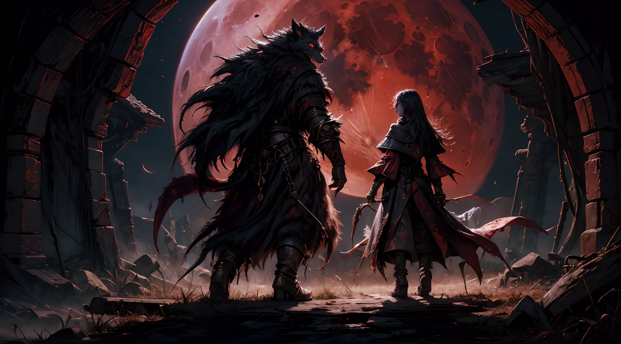 Style: Oil Painting, Blood Moon, Demonic ritual, werewolf, moon light, Masterpiece, photo realism, High-quality detailed textures, Hyperdata, Highest Quality, HD, 8K, [Professional photography, studio lightning]