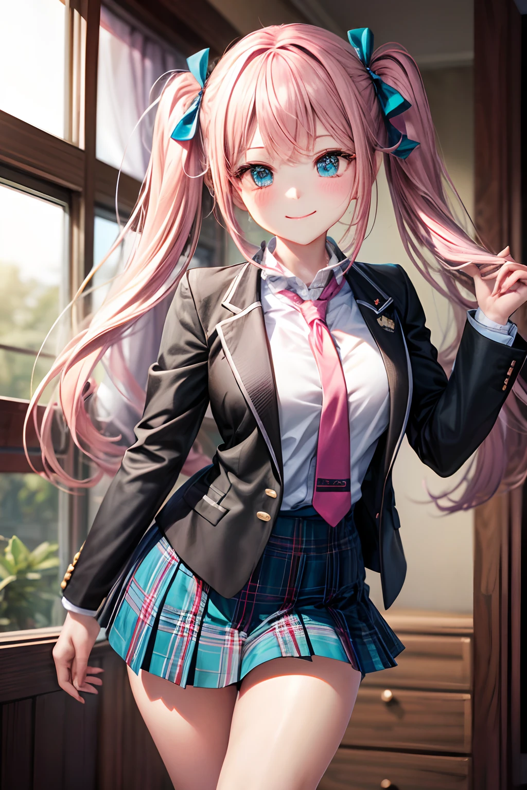 （hoang lap，hight resolution，Hyper-detailing，nffsw），tmasterpiece，best qualtiy，1girll ，Handsome，Long pink twin tail hair，A detailed face，full body Esbian、A dark-haired、High School Uniform、pink blazer、Dark blue mini skirt、Pink tie、Schools、Full body S screw、Self-shot，lightsmile，（teal eyes）
