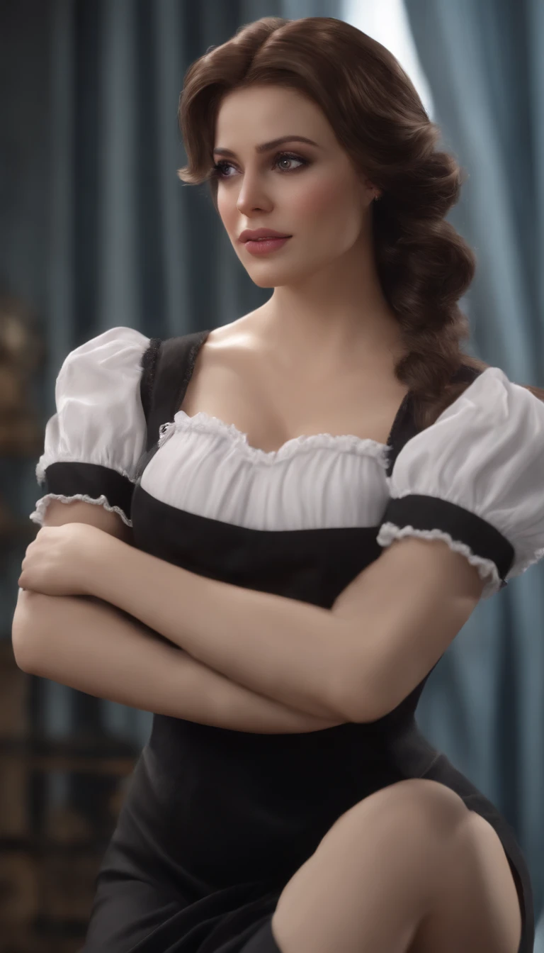 (best quality,4k,8k,highres,masterpiece:1.2),ultra-detailed,(realistic,photorealistic,photo-realistic:1.37),beautiful expressive eyes,long eyelashes,beautiful detailed lips,detailed hair and face,(She looks as if she is about to cry.),clean and flawless skin,(Very large breasts, big tits, oversized tits),Short hair,(Earrings, maid uniform),