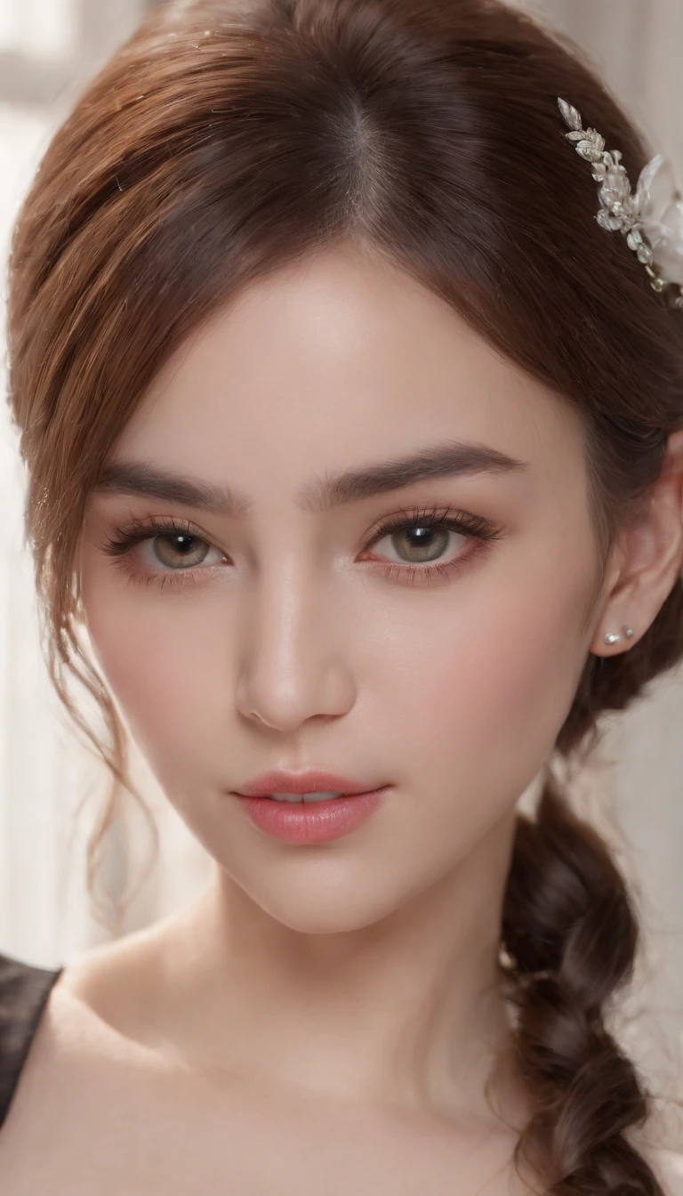(best quality,4k,8k,highres,masterpiece:1.2),ultra-detailed,(realistic,photorealistic,photo-realistic:1.37),beautiful expressive eyes,long eyelashes,beautiful detailed lips,detailed hair and face,(She looks as if she is about to cry.),clean and flawless skin,(Very large breasts, big tits, oversized tits),Short hair,(Earrings, maid uniform),
