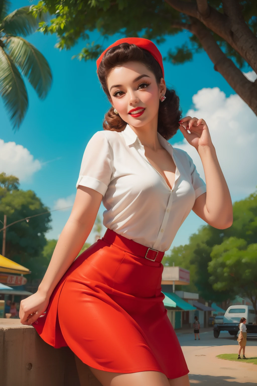 Menina de 20 anos sentada na cadeira, vindima,  estilo pin up retro,sexy, boca O, surpreso, saia para cima, Fluttering skirt,  colorido , Obras, ilustrado,