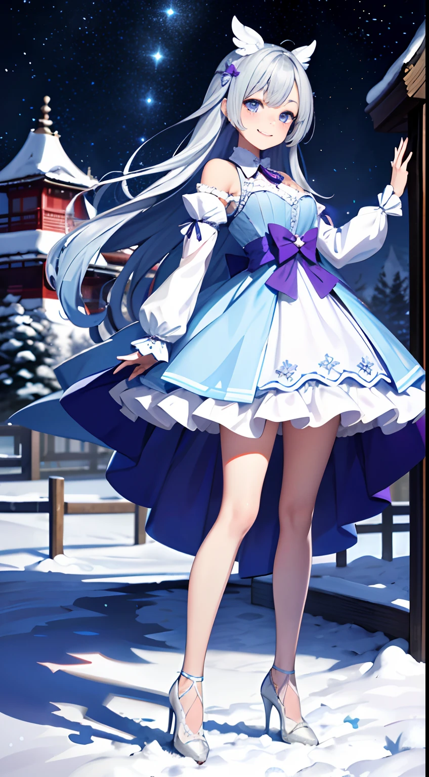 A teenage girl,adorable smiling、japanes、Long and flowing light blue hair、Lilac pupils,Wear gorgeous Lolita dresses,high-heels,Standing in the snow,Behind it is a silvery-white castle covered in snow,night starly sky,meteor shower,Galactic,Delicate facial features,Delicate costume depiction