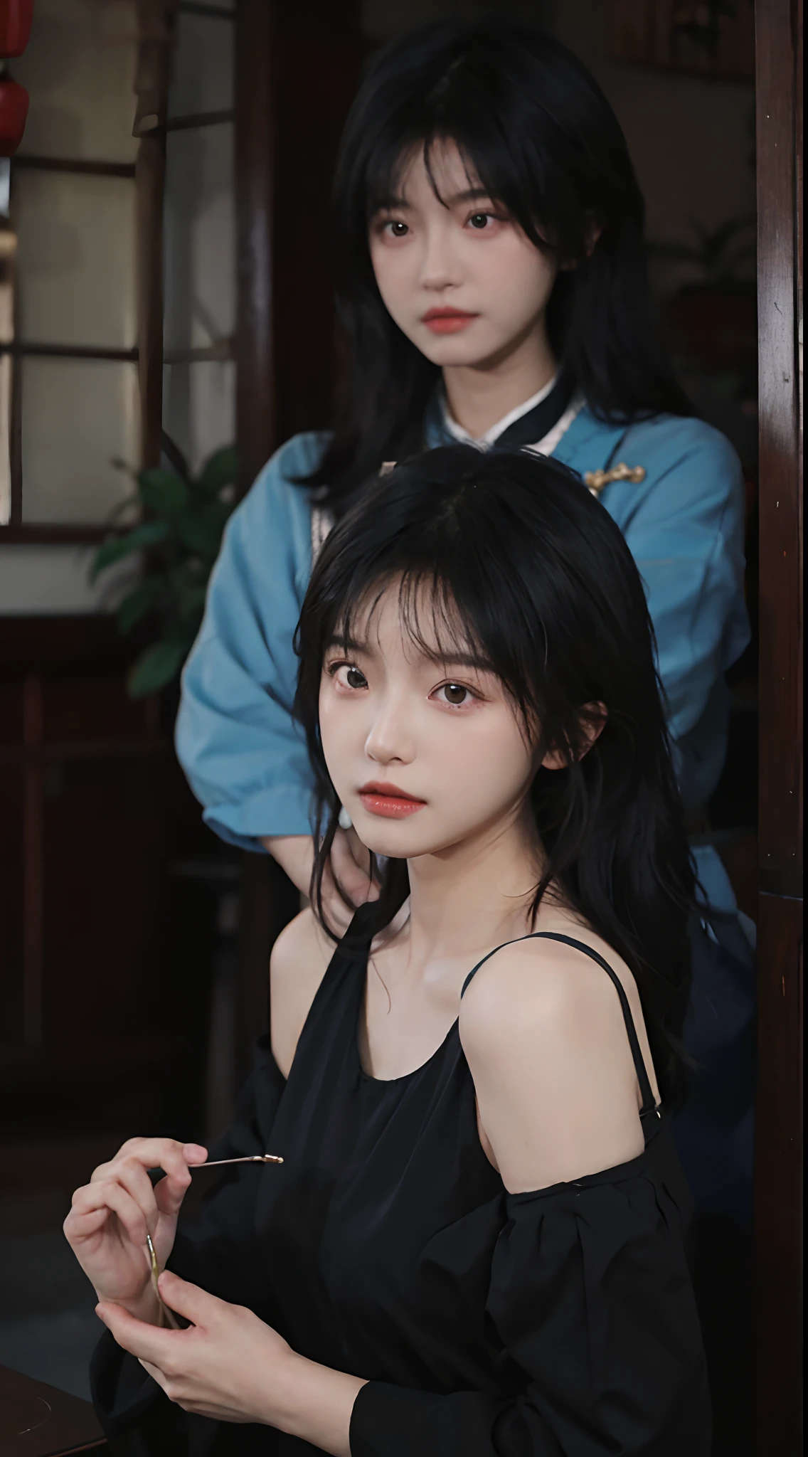 best qualtiy，tmasterpiece，超高分辨率，（realisticlying：1.4），a close up of a woman with long black hair wearing a black dress, Cai Xukun, gorgeous chinese models, Gorgeous young Korean woman, beautiful Korean women, yanjun cheng,  xintong chen, ruan jia beautiful!, Beautiful young Korean woman,