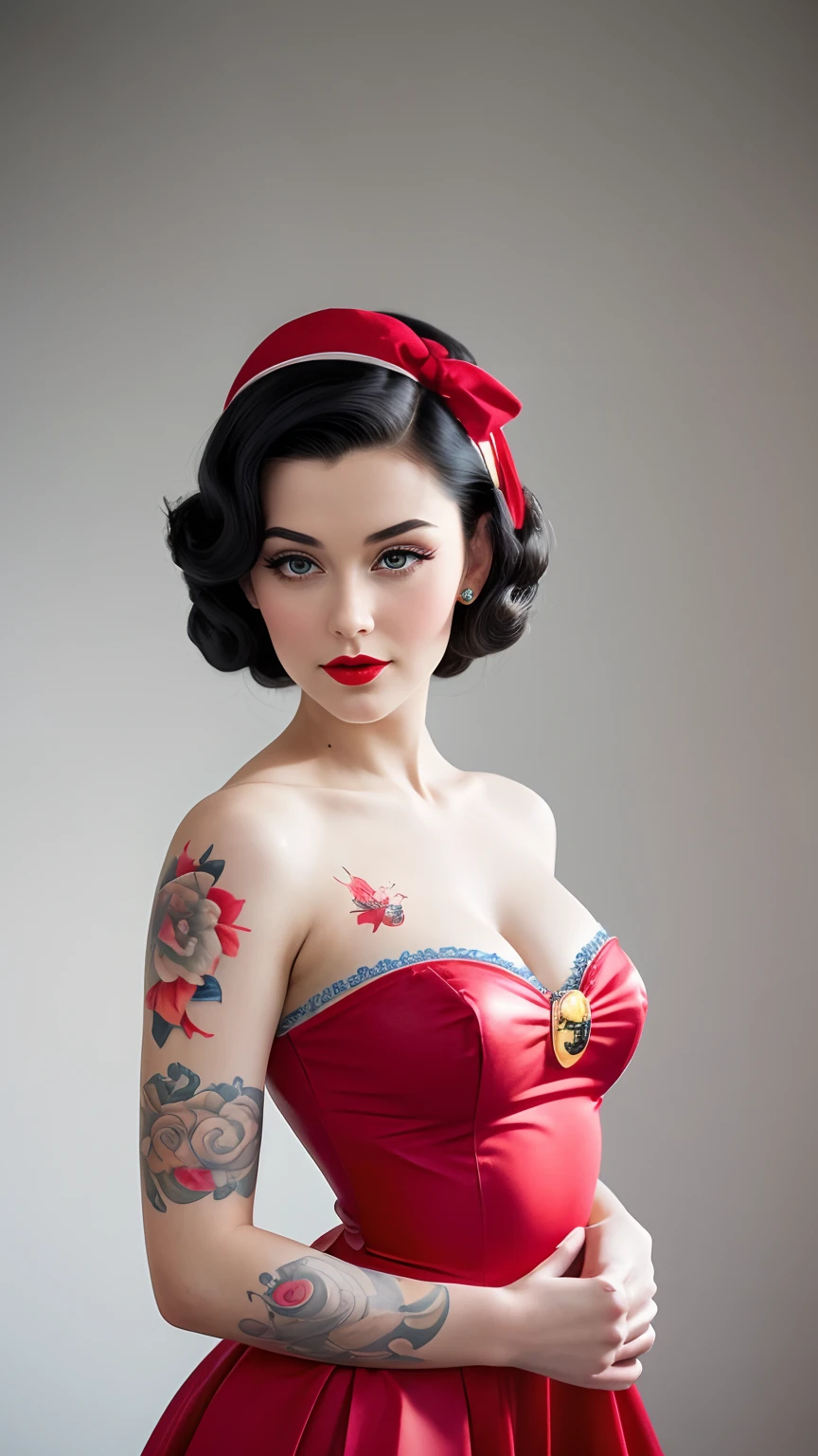Detailed and realistic depictions of Snow White, irradiando um estilo pin-up distinto. Vestido com minissaias, Meias, e saltos, Their clothes reflect the iconic colors of their traditional clothes, ensuring that they are instantly recognizable as their respective characters. While the classic features are present, The pin-up talent is undeniable. Artistic tattoos give a contemporary touch. Their postures and expressions, combinado com seu traje pin-up, create a fusion of classic Disney and vintage allure.