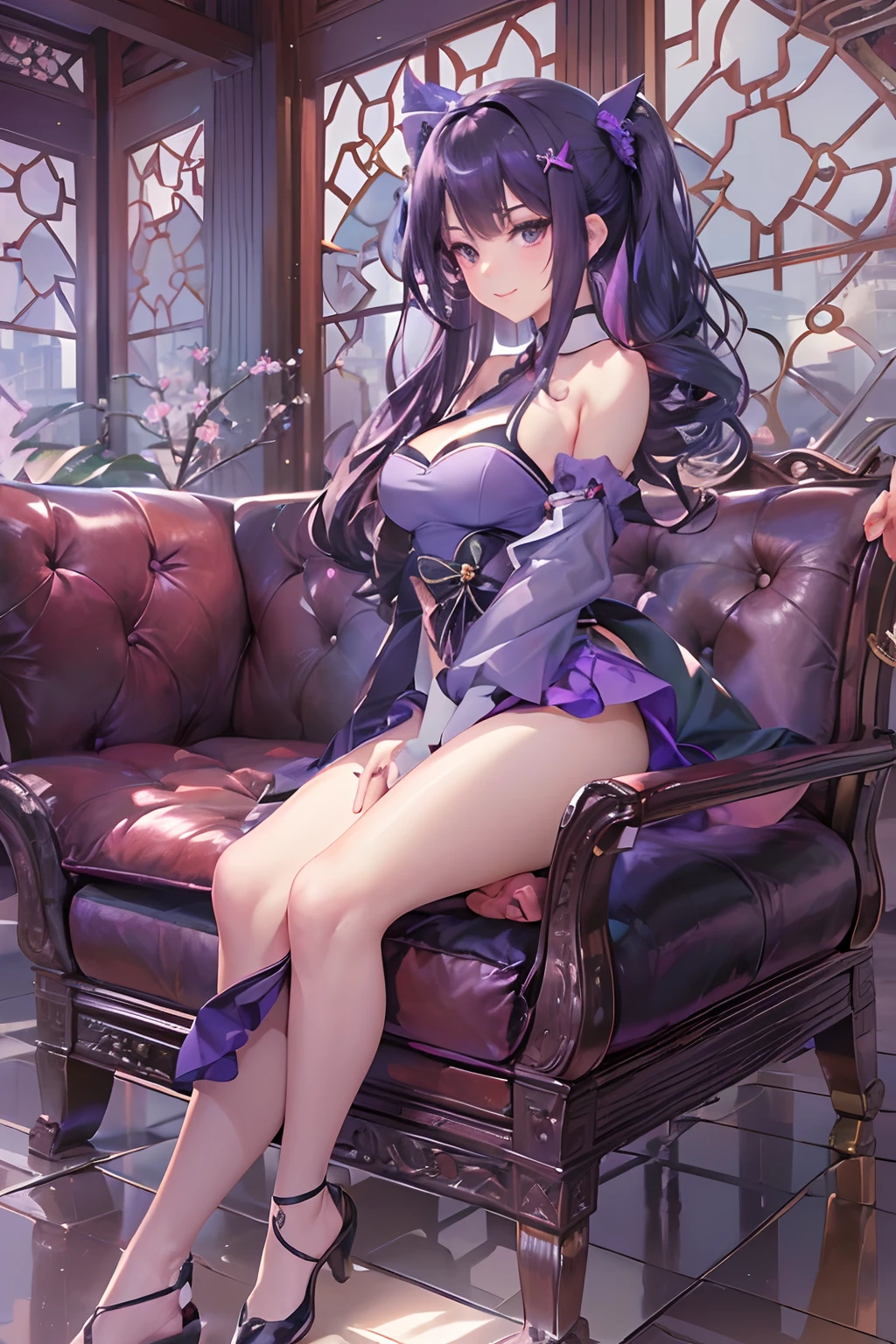 ((16ｋ,Raw photography,top-quality,hight resolution,Ray tracing,PBR Texture,Post-processing,)),(((Purple Leather China Skirt , Cute Japan anime girl,魔法少女まどか☆マギカ,Homura Akemi,long wavy dark blue hair,Emphasize cleavage,bare hand,Thin leg,))),(finerly detailed face:1.4),(​masterpiece:1.4),(top-quality:1.4), Beautiful fine skin,(cute little:1.5),(Complex black stockings),pin heels,Leather luster 3.0,Beautiful skin,(Light Purple Bodycon),((tthin eyebrows,long eyelashes,smil,二重まぶた,)),Real Photo Stick,Sofa in the hotel lounge,No title required,Do not wear anything on your shoulders, Awkward figure, or hands,Thin beautiful legs,Staring from the front,Cheongsam with beautiful pattern,