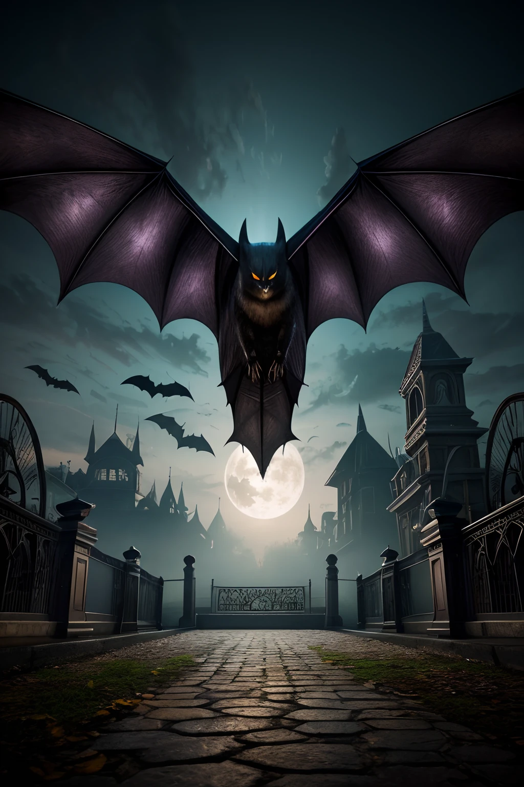 Highly detailed image of a giant bat, halloween, photography, photorealistic, art station, soft pastel colours, highly detailed, intricate, path tracing, illustration, insanely detailed, shadow mapping volumetric light, specular lighting