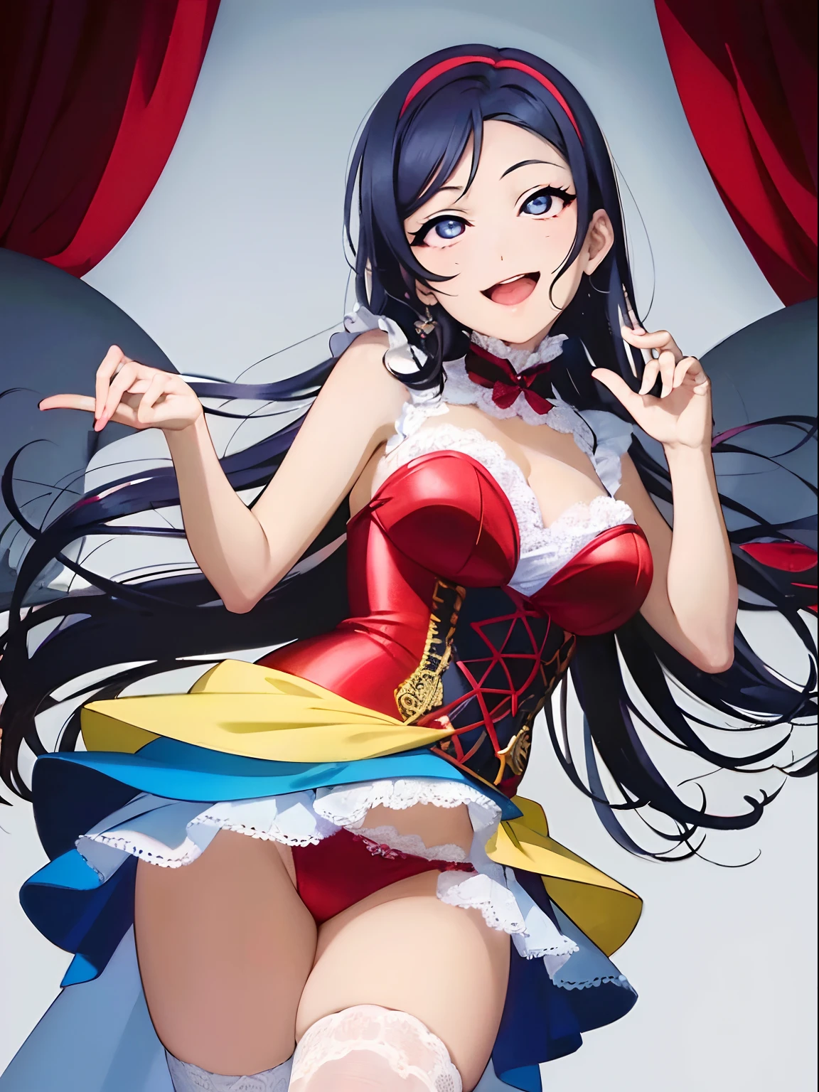 masutepiece,1 girl in、(Super huge)、(realisitic:1.7)、((top-quality))、(超A high resolution)、(Photorealsitic:1.6)、Photorealsitic、octane renderings、(hyper realisitic:1.2)、(photorealiscic face:1.2)、( Sagging)、(8K)、(4K)、(​masterpiece)、(realistic skin textures)、(illustratio、电影灯光)、(beautidful eyes:1.2)、red blush,Erotic realistic skin、Underwear is fully visible、big breasts 
White  pantyhose、Sit with your legs wide open、Nasty smile、Bright red full-back panties、Glossy panties、Glossy outfit、Costumes made of latex、、red blush:1.3、Open your mouth and stick out your tongue、Eri Ayase