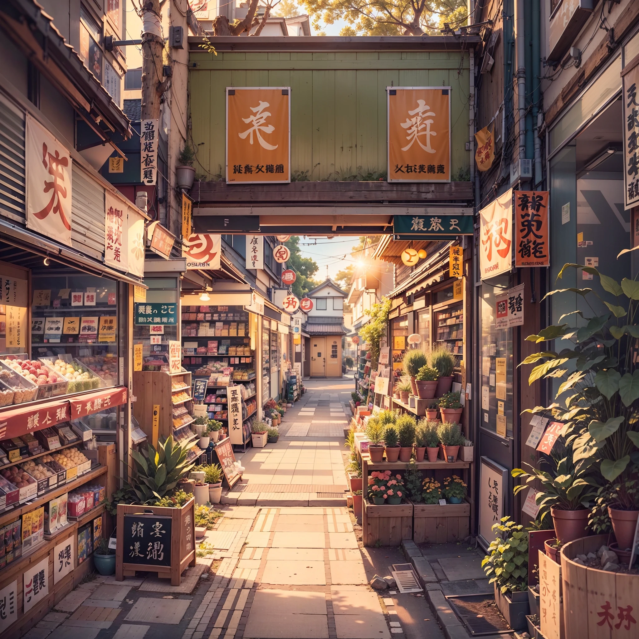 anime background, anime wallpaper, anime, anime style, lofi, lofi style, modern japanese street, modern japanese architecture, japanese convenience store, big retro japanese shop signs, retro japanese store, trees, plants, rocks, plant pots, shop signs, japanese banners, japanese signs, flags, sunrise, golden hour, golden lighting, empty street, no one in sight, (no one: 1), best quality