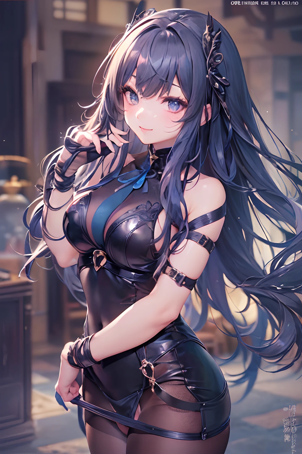 ((16ｋ,Raw photography,top-quality,hight resolution,Ray tracing,PBR Texture,Post-processing,)),(((Black leather bondage , Cute Japan anime girl,魔法少女まどか☆マギカ,Homura Akemi,long wavy dark blue hair,Emphasize cleavage,bare hand,Thin leg,Detailed hand,Thin beautiful legs,Elaborate limbs))),(finerly detailed face:1.4),(​masterpiece:1.4),(top-quality:1.4), Beautiful fine skin,(cute little:1.5),(Complex black stockings),pin heels,Leather luster 3.0,Beautiful skin,(pink bodycon),((tthin eyebrows,long eyelashes,smil,二重まぶた,)),Real Photo Stick,Sofa in the hotel lounge,No title required,Do not wear anything on your shoulders,appearance々Appearance, Detailed hand,Staring from the front,Bondage with beautiful patterns