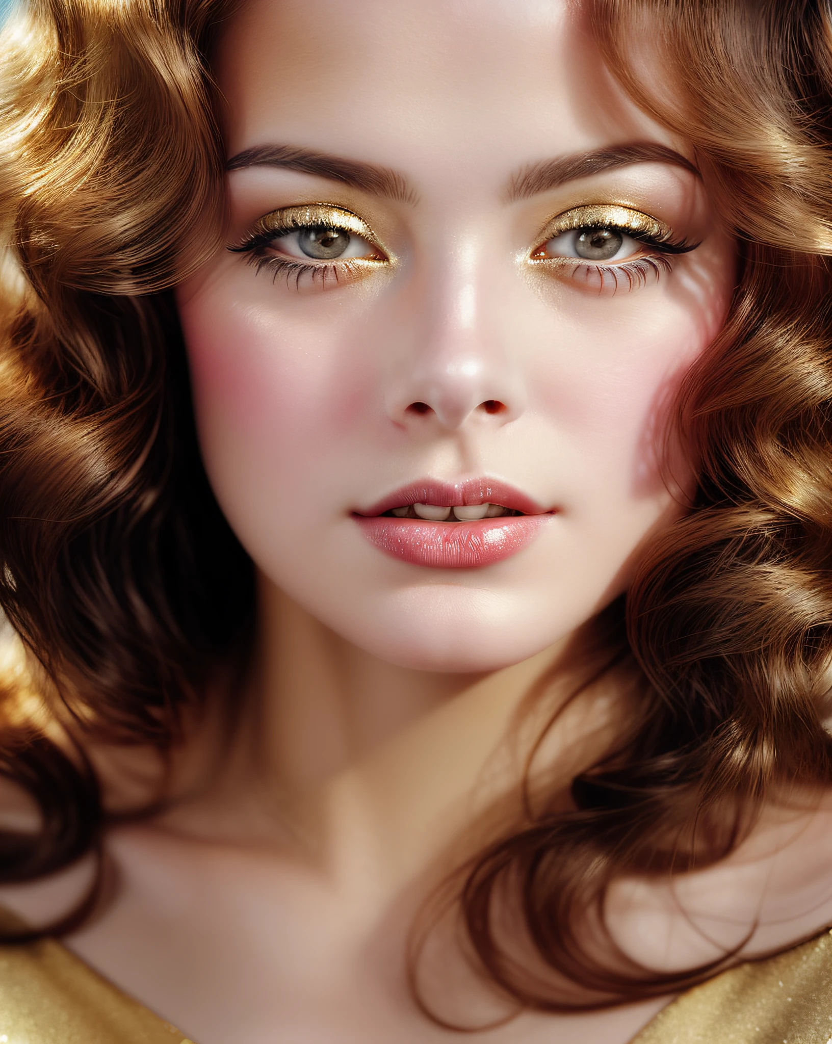 A vintage-inspired photograph of a young woman's face, reminiscent of classic Hollywood glamour, captured with a medium-format film camera and soft focus lens, bathed in golden, romantic lighting, emphasizing her timeless beauty and allure