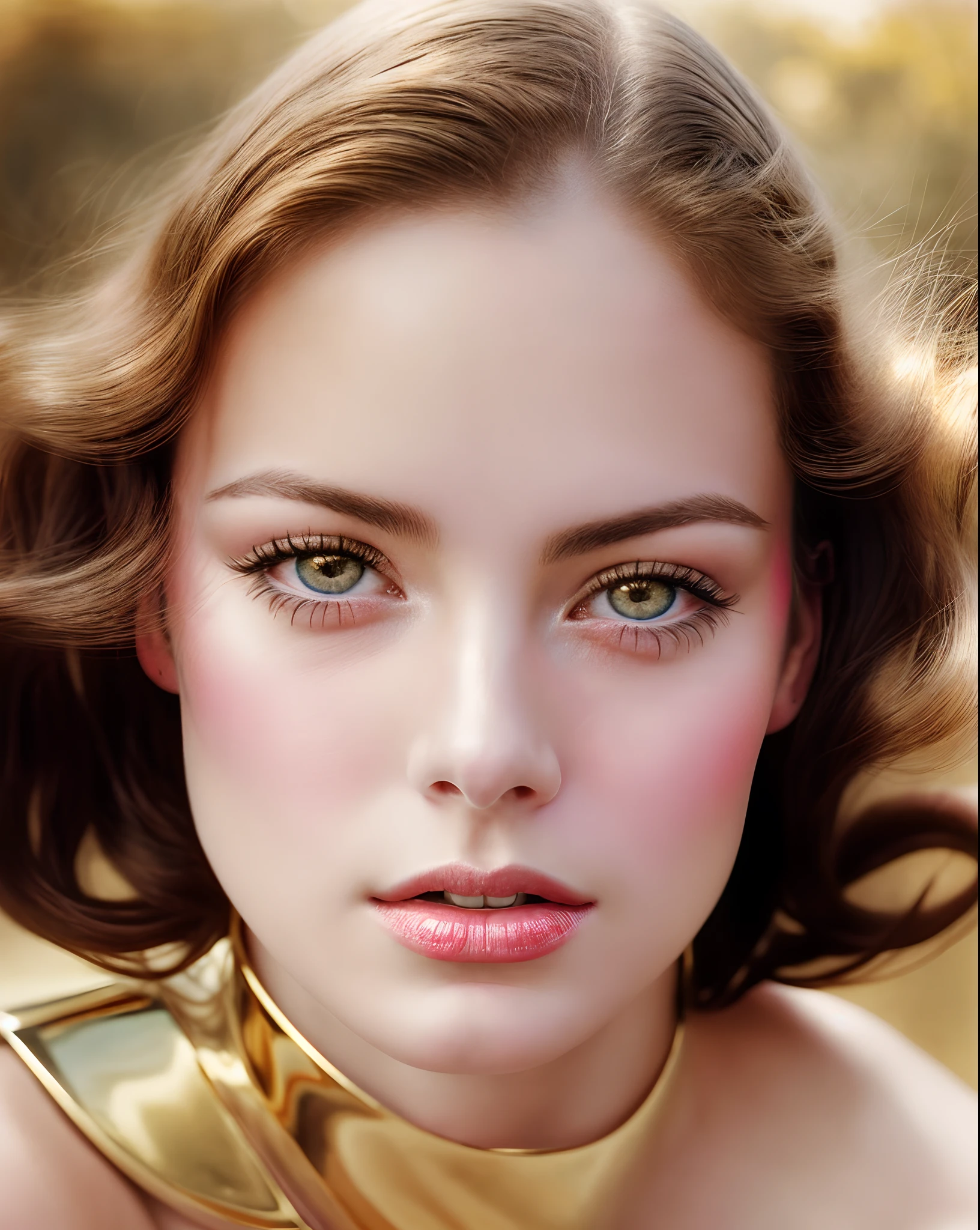 A vintage-inspired photograph of a young woman's face, reminiscent of classic Hollywood glamour, captured with a medium-format film camera and soft focus lens, bathed in golden, romantic lighting, emphasizing her timeless beauty and allure