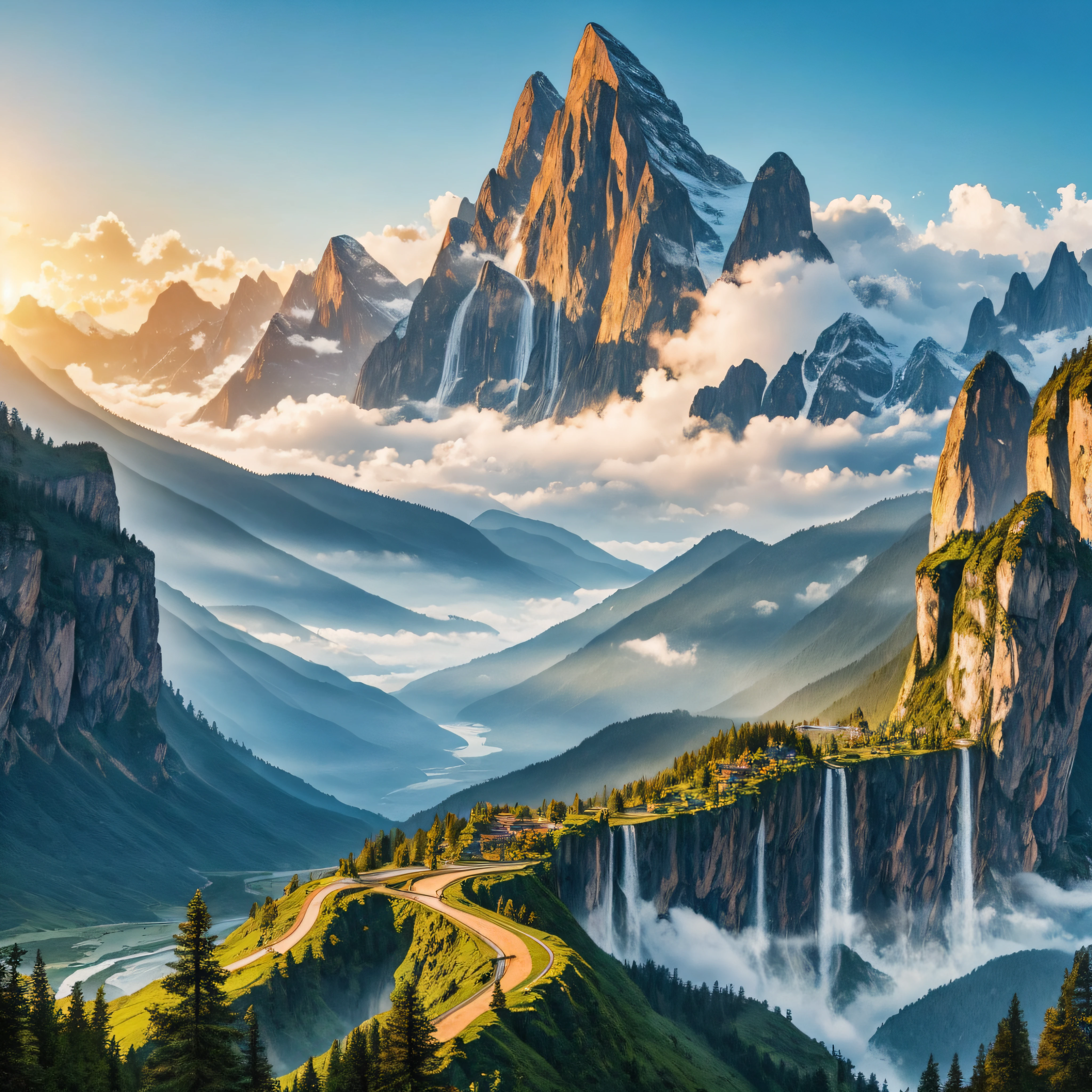 Super Giant Mountain AlpsAmazing View Amazing Nature Fantasy Huge Waterfall High Resolution Top Quality Masterpiece --auto