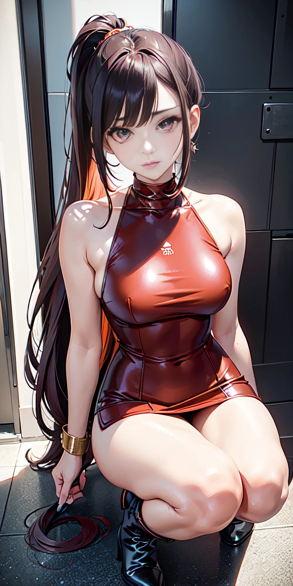 american shot view, Anime, professional anime style, (Only 1 woman), ((From head to toe)), Diane is a beautiful woman with a perfect body with purple eyes, Her hair is brown and long, which she wears tied in two long ponytails on each side of her head, she has a young and beautiful appearance, she wears an orange one-piece suit that ends with a (solo short miniskirt), boots that extend almost to her knees, and a metal glove with glitter inlays. metal nuggets, intricate details, ((80% nude))