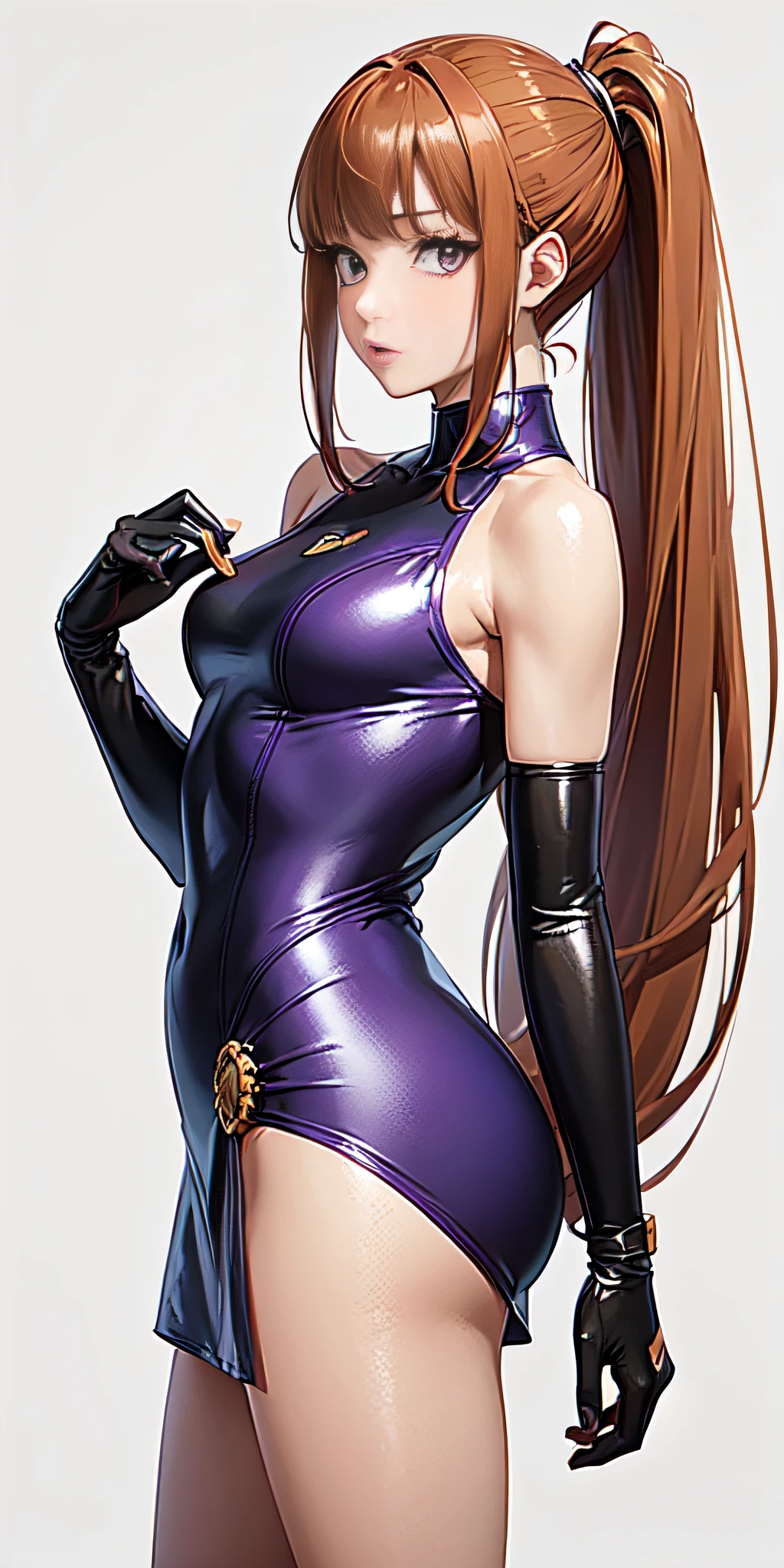 american shot view, Anime, professional anime style, (Only 1 woman), ((From head to toe)), Diane is a beautiful woman with a perfect body with purple eyes, Her hair is brown and long, which she wears tied in two long ponytails on each side of her head, she has a young and beautiful appearance, she wears an orange one-piece suit that ends with a (solo short miniskirt), boots that extend almost to her knees, and a metal glove with glitter inlays. metal nuggets, intricate details, ((80% nude))