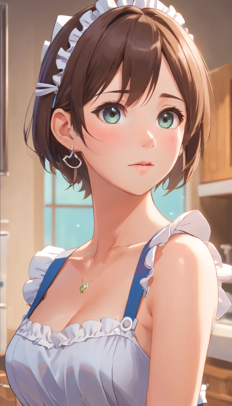 (best quality,4k,8k,highres,masterpiece:1.2),ultra-detailed,(realistic,photorealistic,photo-realistic:1.37),beautiful expressive eyes,long eyelashes,beautiful detailed lips,detailed hair and face,(She looks as if she is about to cry.),clean and flawless skin,(Very large breasts, big tits, oversized tits),Short hair,(Earrings, maid uniform),