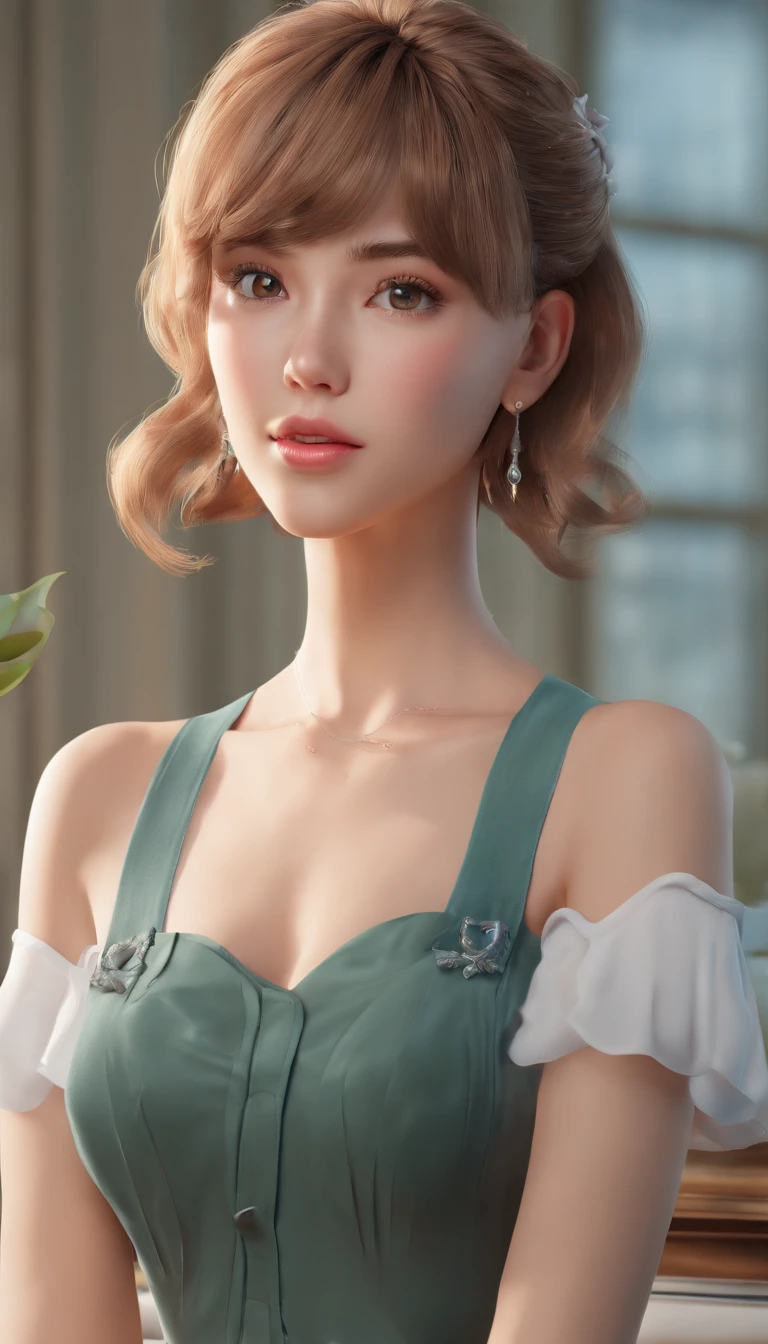 (best quality,4k,8k,highres,masterpiece:1.2),ultra-detailed,(realistic,photorealistic,photo-realistic:1.37),beautiful expressive eyes,long eyelashes,beautiful detailed lips,detailed hair and face,(She looks as if she is about to cry.),clean and flawless skin,(Very large breasts, big tits, oversized tits),Short hair,(Earrings, maid uniform),