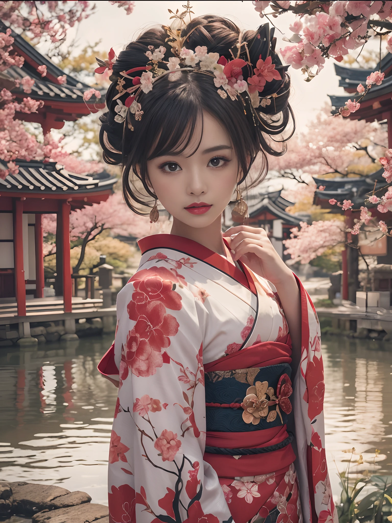In a futuristic scene, Geisha in Japan with mechanical reinforcement、Elegant in elaborate gardens. She has beautifully detailed eyes and lips that complement her face. Geishas wear traditional kimonos with intricate patterns and designs. Around her are bright cherry trees and a quiet carp pond. The scene is painted with a blend of illustration and photorealism, Ultra-detailed brush strokes and clarity, Vivid colors. Lighting emphasizes the elegant features of the geisha, Gives her porcelain skin a soft glow. Artwork is of the highest quality, 4K or 8K resolution, Showcase the intricate details of geisha attire, cherry trees, And the shimmering scales of carp. The overall color scheme is、It is a combination of traditional shades of Japan, Crimson, etc., blacks, and subtle gold accents, With a futuristic twist. The fusion of ancient traditions and modern technology is、Create captivating and visually striking masterpieces.shoulders are exposed, Chest is visible、You can see the valley、are visible、Shoulders exposed、Chest revealed