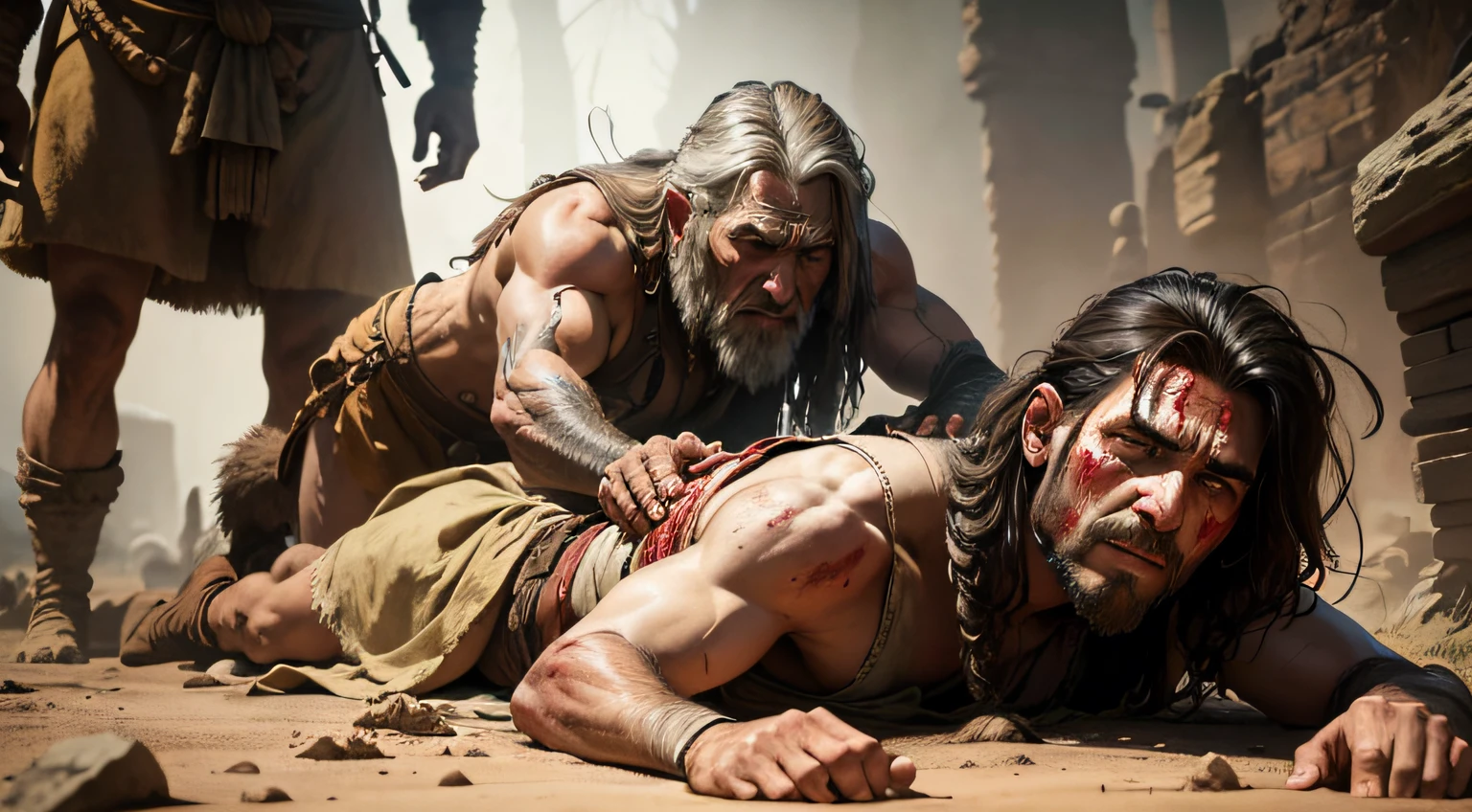 Prehistoric men, Standing with his hands dirty with blood, blood on your face and arms, Another man lying on the ground