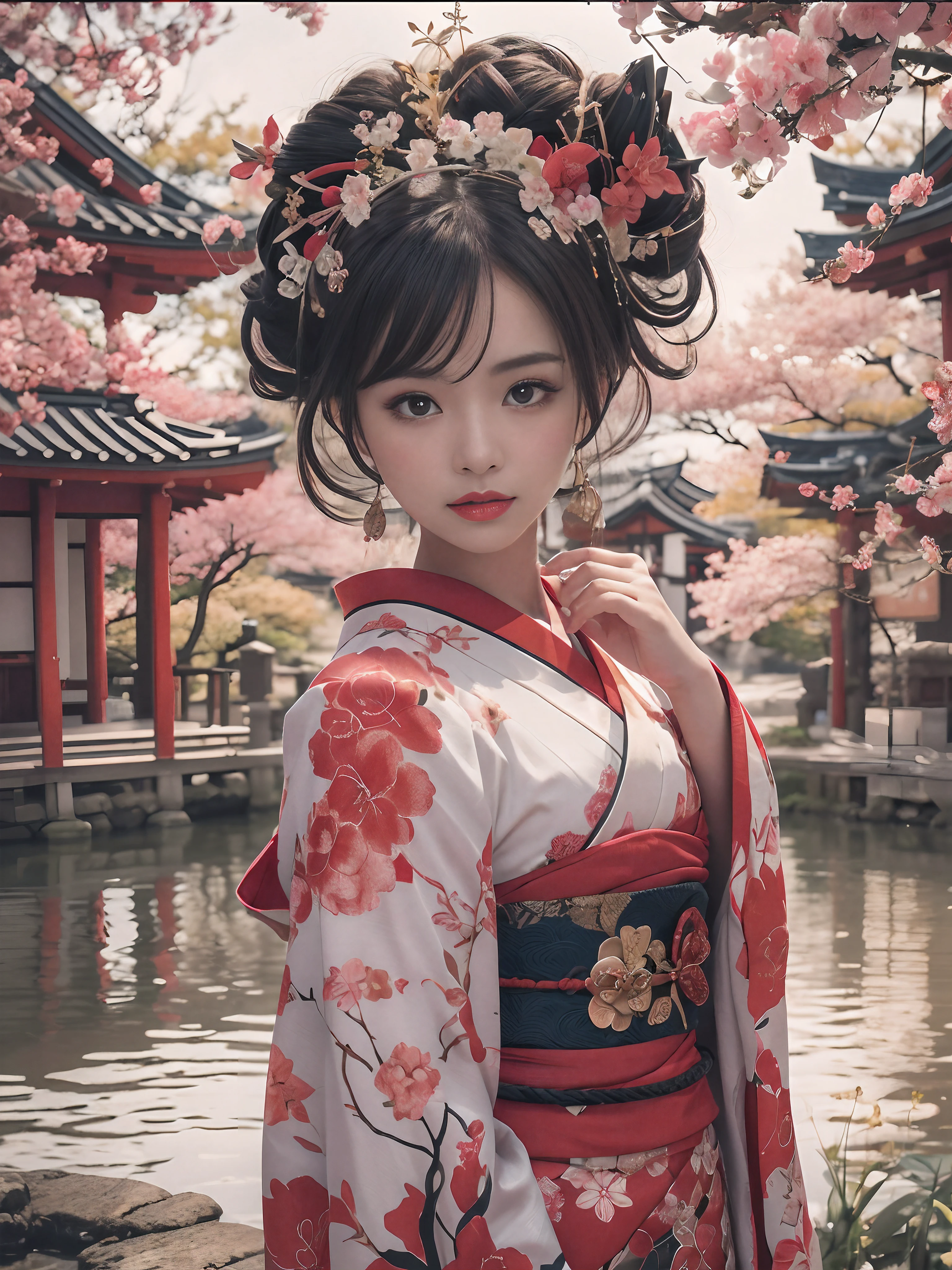 In a futuristic scene, Geisha in Japan with mechanical reinforcement、Elegant in elaborate gardens. She has beautifully detailed eyes and lips that complement her face. Geishas wear traditional kimonos with intricate patterns and designs. Around her are bright cherry trees and a quiet carp pond. The scene is painted with a blend of illustration and photorealism, Ultra-detailed brush strokes and clarity, Vivid colors. Lighting emphasizes the elegant features of the geisha, Gives her porcelain skin a soft glow. Artwork is of the highest quality, 4K or 8K resolution, Showcase the intricate details of geisha attire, cherry trees, And the shimmering scales of carp. The overall color scheme is、It is a combination of traditional shades of Japan, Crimson, etc., blacks, and subtle gold accents, With a futuristic twist. The fusion of ancient traditions and modern technology is、Create captivating and visually striking masterpieces.shoulders are exposed, Chest is visible、You can see the valley、are visible、Shoulders exposed、Chest revealed