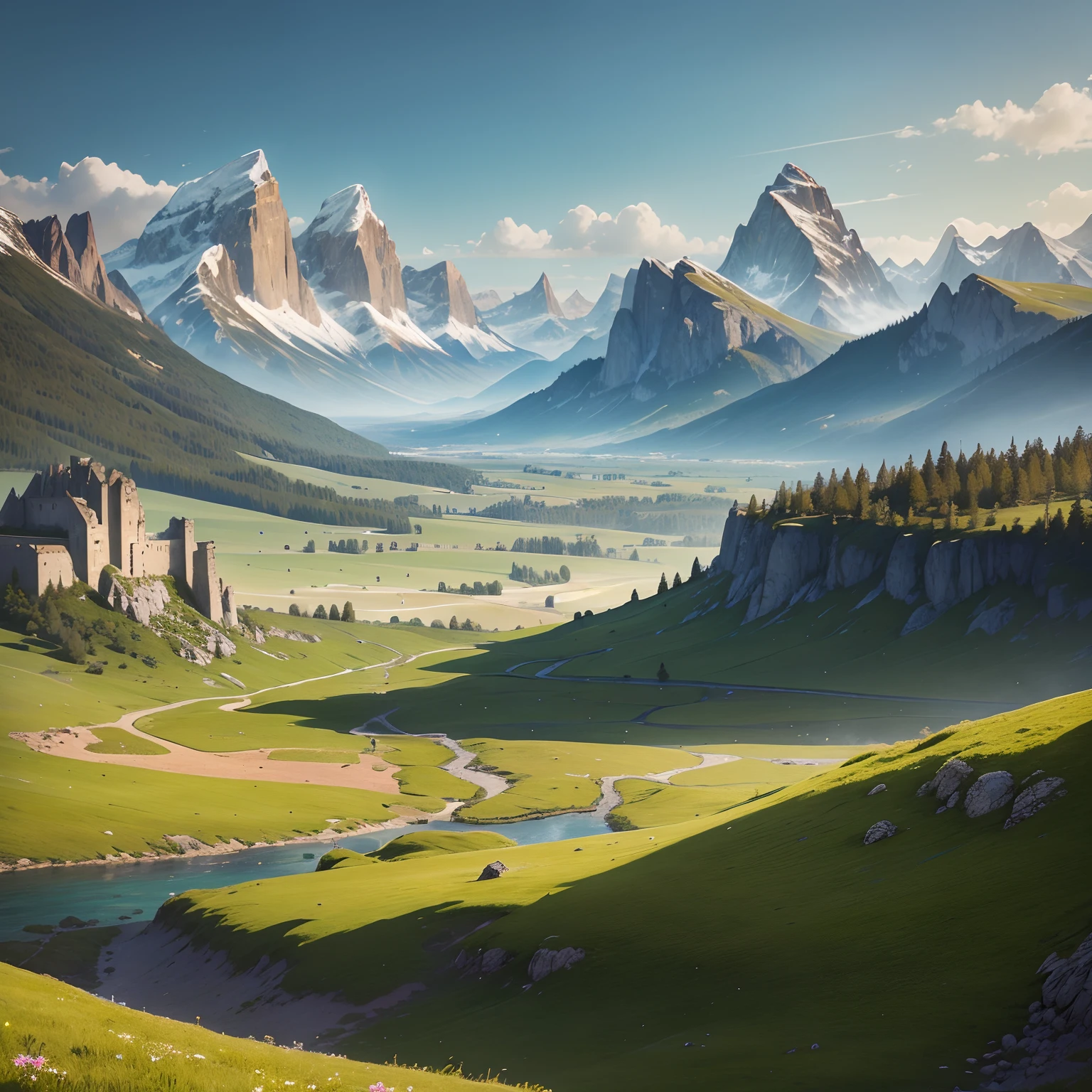 ultra realist, medieval fantasy, Masterpiece, paysage, prairies, verdoyant, fermes et champs lointains, Forests and mountains in the background