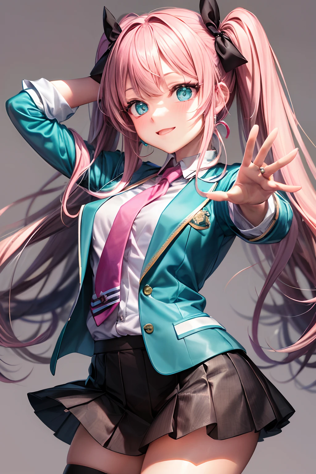 （hoang lap，hight resolution，Hyper-detailing，nffsw），tmasterpiece，best qualtiy，1girll ，Handsome，Long pink twin tail hair，A detailed face，full body Esbian、A dark-haired、High School Uniform、pink blazer、Dark blue mini skirt、Pink tie、Schools、Full body S screw、Self-shot，lightsmile，（teal eyes）