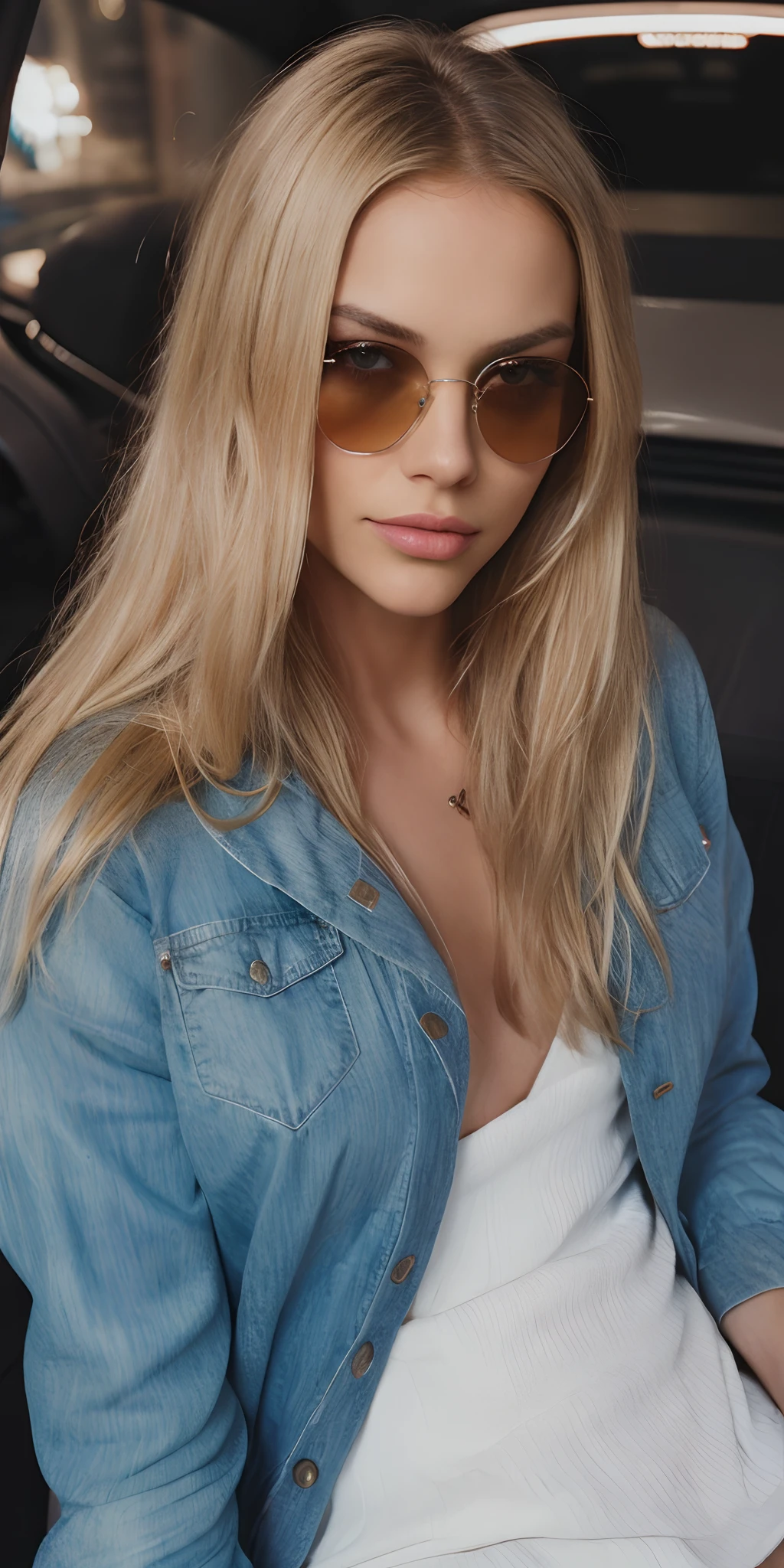 blond girl,long blond hair, wear sunglasses, wearing perfect jacket, perfect point of view, No hat, long hair, beautiful, wonderful, At night, Sit in front of a luxury car, photorealistic, best quality, hyper detailed, beauty, photorealistic, best quality, hyper detailed, beauty, Selfie photo, Lonely, Analog style, Look away, skin texture, film grain, close-up, Ultra high resolution, Best shadow, ...RAW, instagram LUT, 8k HD detail, Realistic, detailed, texture skin, hyper detailed, realistic skin texture