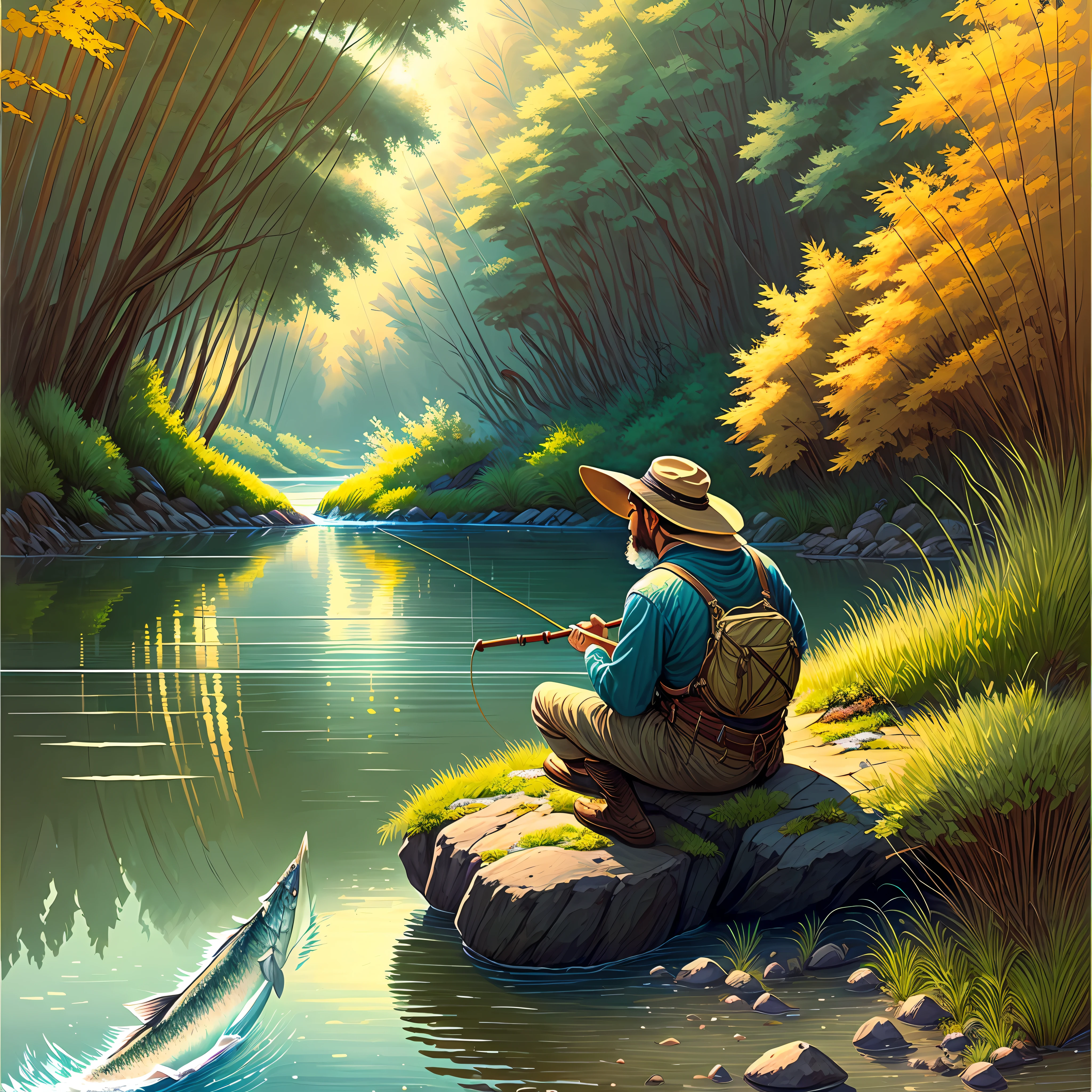 A fisherman stands at the river's edge, casting his line with anticipation. The sunlight paints a serene backdrop as he patiently waits for a bite. In this moment, the fisherman's connection with nature is evident as he becomes one with the rhythm of the river. Suddenly, a magnificent fish takes the bait, initiating a captivating battle between man and nature. This scene represents the harmony between patience, skill, and the pursuit of the unknown. It reminds us that beauty can be found in the simplicity of a riverside sanctuary. --auto --s2
