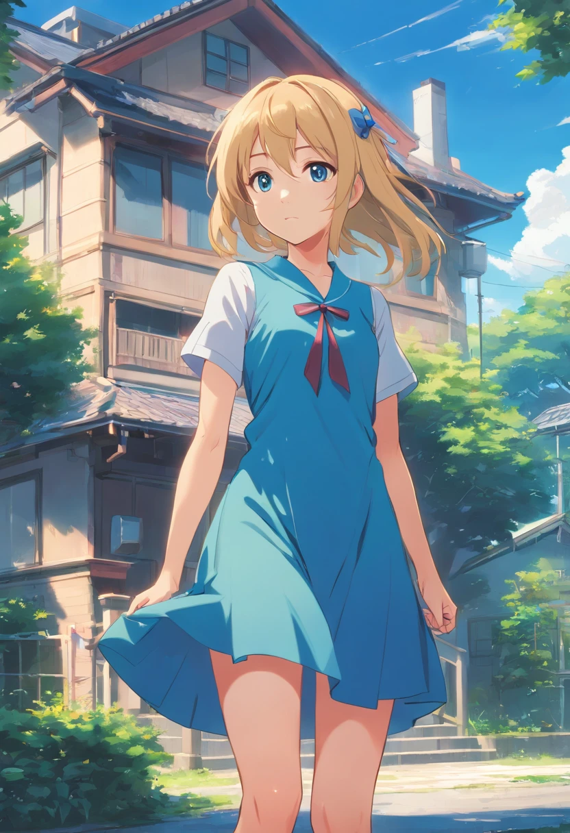 1girl, Blonde shorts hair, blue eyes, red drees