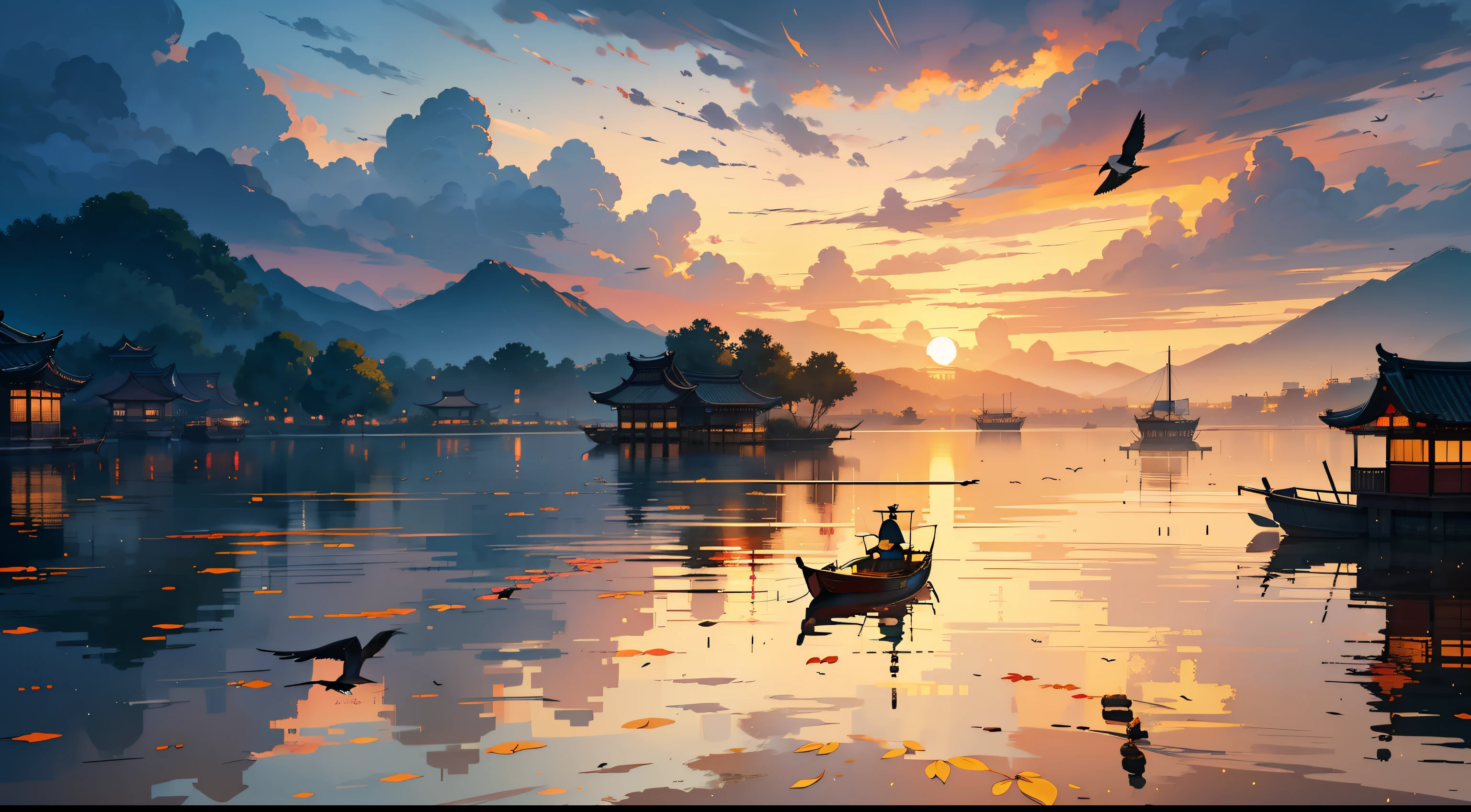 Embroidery,Leaning over,Yamabara has a clear view,Kawasawa was shocked。Lu Yan flew to the ground,Bell Ringing Food House;Shipult Yazu,Green Sparrow Yellow Dragon Jia no Jia。The clouds are raining,Cai Che District Ming。The sunset and the solitary crane fly together,The autumn water is the same for a long time。Fishing boats sing late,Sound the shore of the poor Pengli;The geese were chilled,Sound cut off Hengyang no Pu。(Sunset landscape painting),((The vista is a huge sunset over the skyline)),(Connected to the lake),((flying birds)),((A couple of boats)),Autumn tones,(an Chinese ink painting style),(masterpiece),(Extremely detailed picture description),(8k wallpaper),(master painting),(Noticeable light and shadow effects),(Ray traching),(Obvious layers),(depth of fields),(best qualityer),RAY