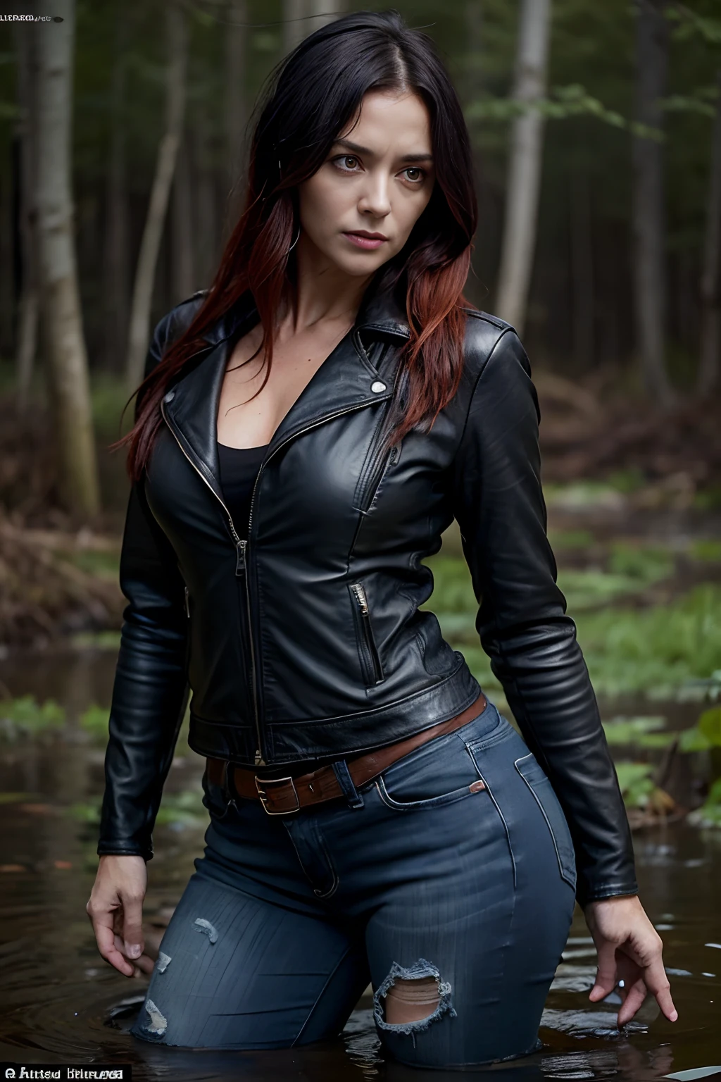 A 40-year-old lust-torn woman in jeans and a leather jacket was caught off guard in the woods at night, indulging in his sexual fetish of drowning in a swamp. Lust makes her plunge into the swamp up to her thighs. Her face is haggard and (dehydrated). She is perplexed and looks around in fright, But her reputation is ruined.
TAGS: night time, blurred background, (It's dark all around:1.9), (Light only from the camera:1.9). The woman, (40years old:1.6), (Tormented by lust:1.4), wearing jeans, leather jacket, swamp, (stands, drowning in a bog:1.6), (Sexual fetish:1.2), fright, stunned, Looking around. (emaciated face:1.6), (dehydrated face:1.8), Copper-red hair, Flirting with the butt