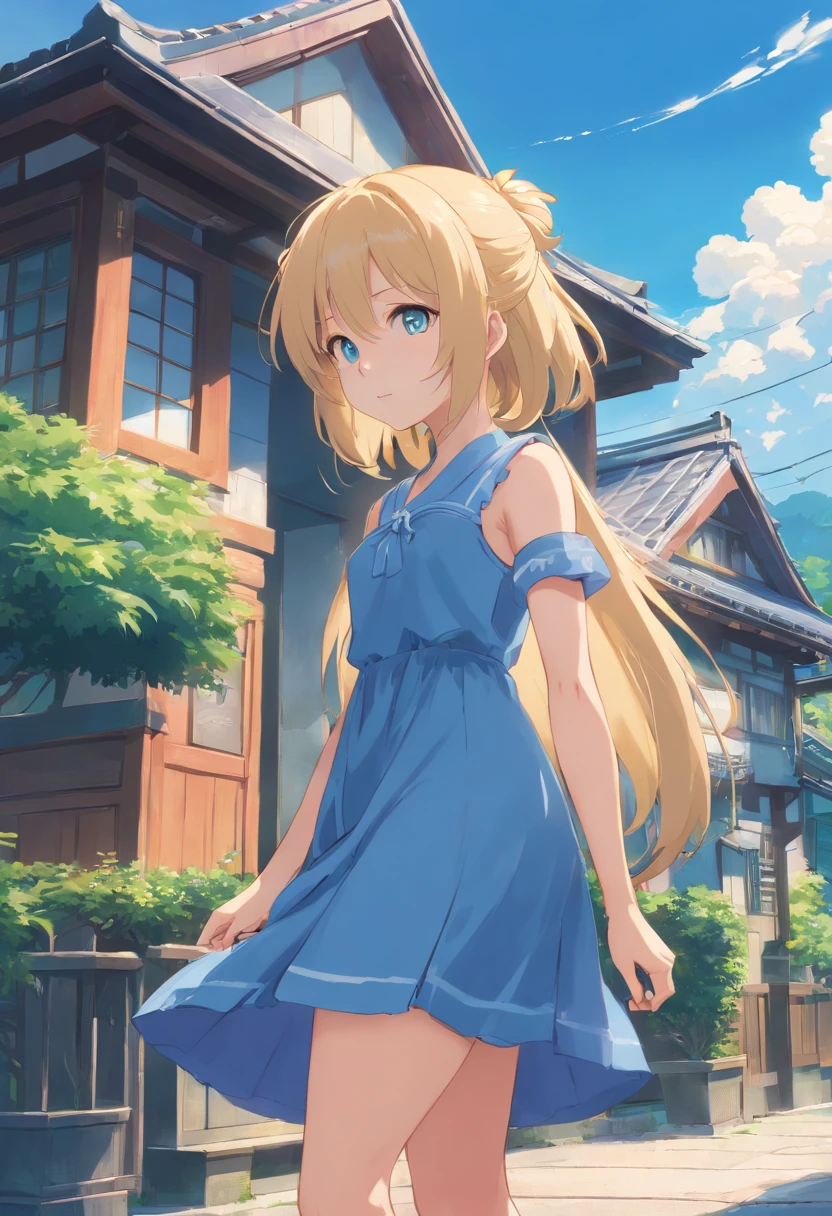 Anime girl with long blonde hair and blue dress stands in front of house, in dress, small curvy lolite anime waifu in a nice dress, splash art anime loli, Cunime girl, pretty anime girl, blonde anime girl with long hair, Beautiful anime girl, young anime girl, clean detailed anime art, portrait of cute anime girlbabes