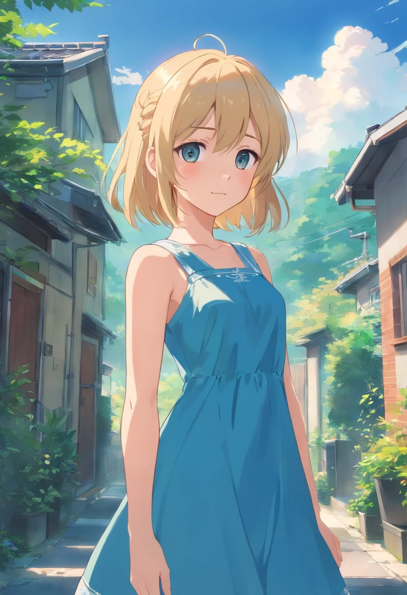 Anime girl with long blonde hair and blue dress stands in front of house, in dress, small curvy lolite anime waifu in a nice dress, splash art anime loli, Cunime girl, pretty anime girl, blonde anime girl with long hair, Beautiful anime girl, young anime girl, clean detailed anime art, portrait of cute anime girlbabes