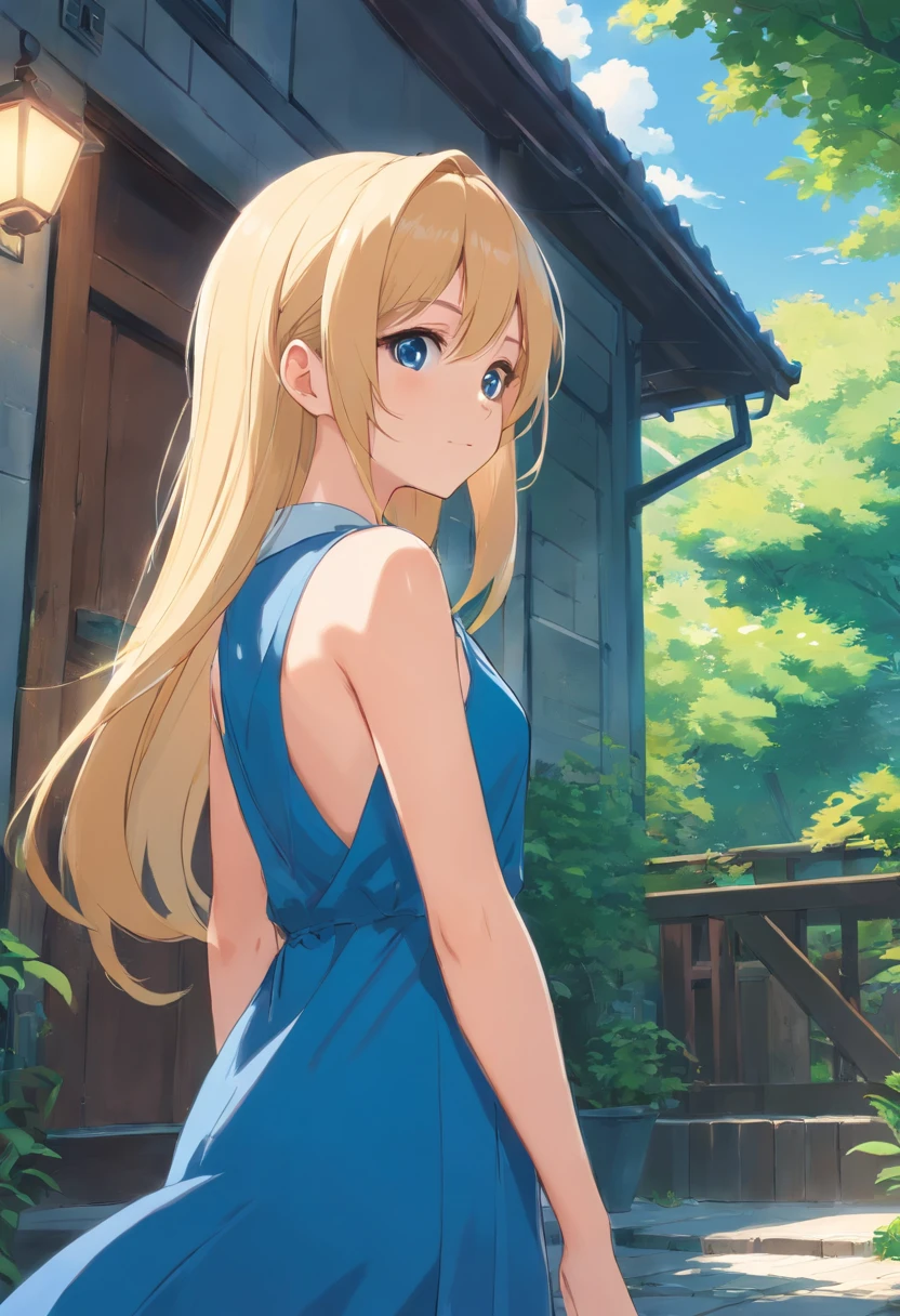 Anime girl with long blonde hair and blue dress stands in front of house, loli in dress, small curvy loli, Cute anime waifu in a nice dress, splash art anime loli, Cute anime girl, pretty anime girl, blonde anime girl with long hair, Beautiful anime girl, young anime girl, clean detailed anime art, portrait of cute anime girlbabes