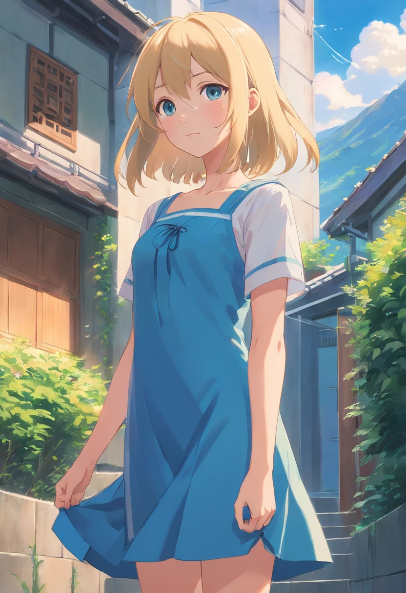Anime girl with long blonde hair and blue dress stands in front of house, loli in dress, small curvy loli, Cute anime waifu in a nice dress, splash art anime loli, Cute anime girl, pretty anime girl, blonde anime girl with long hair, Beautiful anime girl, young anime girl, clean detailed anime art, portrait of cute anime girlbabes