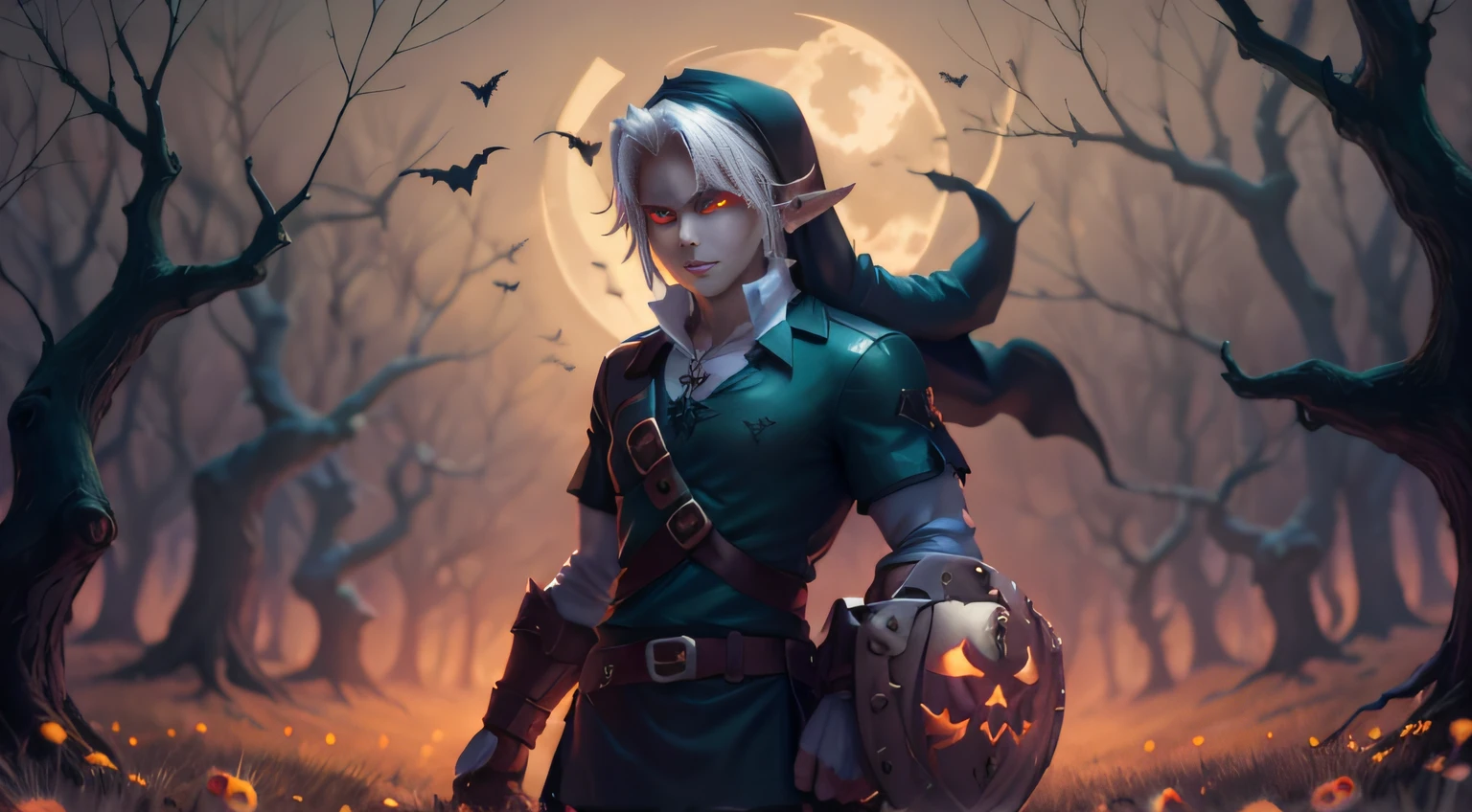 DarkLinkV4, male, masculine, serious, mysterious, spooky halloween field, night, glow, high detailed half-elf male, elf, brown_hair messy_hair smiling_face, green_eyes, scar_across_eye, pointed_ears, tan, armor breastplate blue_cape, leather_gloves, belt, belt_pounch, sword, sheath, paladin knight, simple_background, male_focus cowboy_shot solo, final fantasy tactics, jrpg, demacia, vox machina style, (link:1.2)(masculine:1.3)