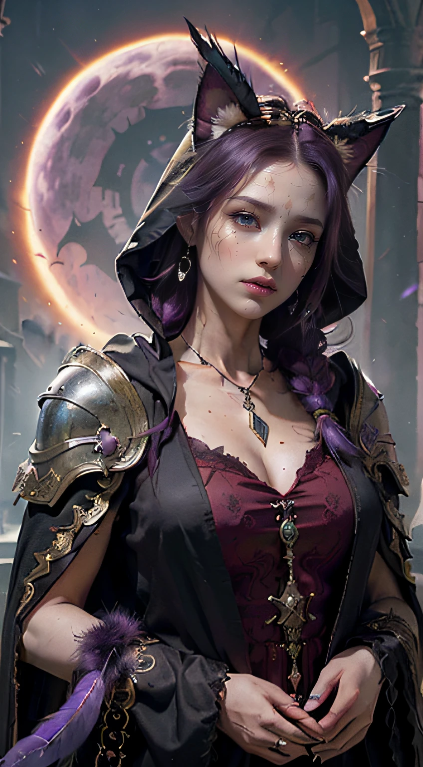 (Numerous award-winning masterpieces, with incredible detail, textures and maximum detail), ((hyper realistic:1.4)), (realistic:1.3), (upper body up:0.4), (best quality real texture skin), (finely detailed true circle cat eyes), (finely Detailed and beautiful face:1.4), (Aesthetic and decadent image:1.5), ((medieval world)), (grim reaper:1.4), (icy look in the eye), (she has a nasty smile on her face but her eyes aren't smiling:1.3), ((whole body image:1.5)), (Cat eyes Eyes that glow yellow in the dark), (Dramatic Light), sacrificial altar, (A majestic sight), (Magic Circle of Ominous Shine:1.3), Her countenance is gentle and beautiful, but somehow terrifying, (Large cape with ragged red and purple immense wing of purple feathers behind shoulder:1.3), ((whole body image:1.5)), red hair under the hooded cape, very big vertical red feather ears over her head, (Wears a dark red and purple hooded robe with intricate patterns:1.2), (A multiple red and purple feathers with a faint glow:1.5), Earrings with a feather pattern, (((dramatic photo))), (twilight), (sunset), (dusk), ((dramatic pose)), (dark photo), (red and purple hair), (chestnut hair), ((looks up)), ((whole body image:1.5)), (Around her neck is a simple necklace of exquisite workmanship), Forgotten Tomb, Great Tomb, Underground Labyrinth, Evil Temple Ruins, Sacrificial Temple, Mysteriously, Ancient Castle Ruins, Deserted Graveyard Ruins, Crumbled Ancient Tomb, Stagnant Water Ancient Ruins, Swamp Ruins, wavelets, running water, Shining majestic cloud masses and sky, lightning bolt,