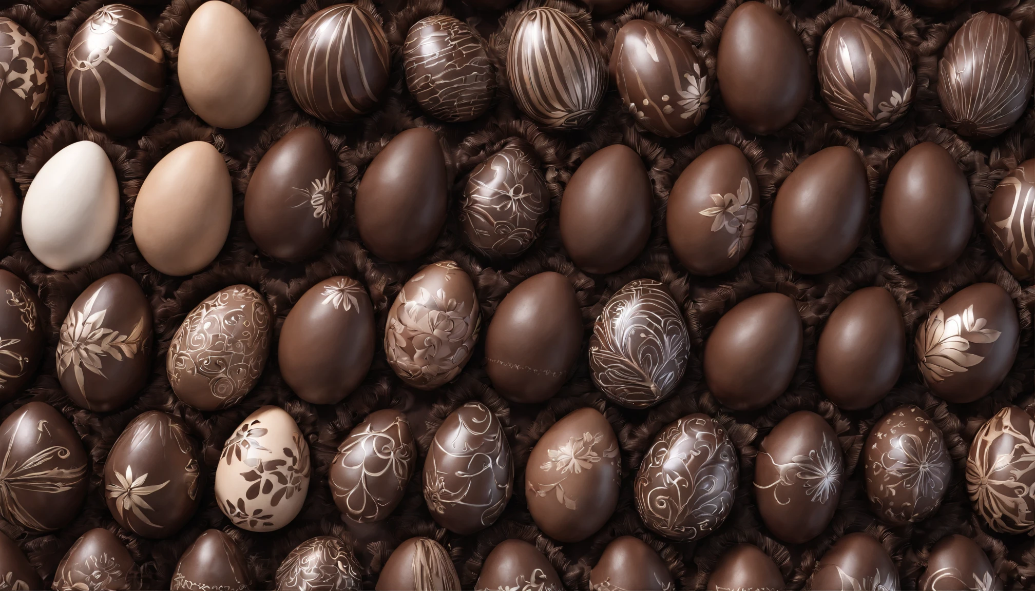 Photograph a variety of chocolate Easter eggs in different sizes and designs, arranged in an aesthetically pleasing pattern, creating a visually captivating display.