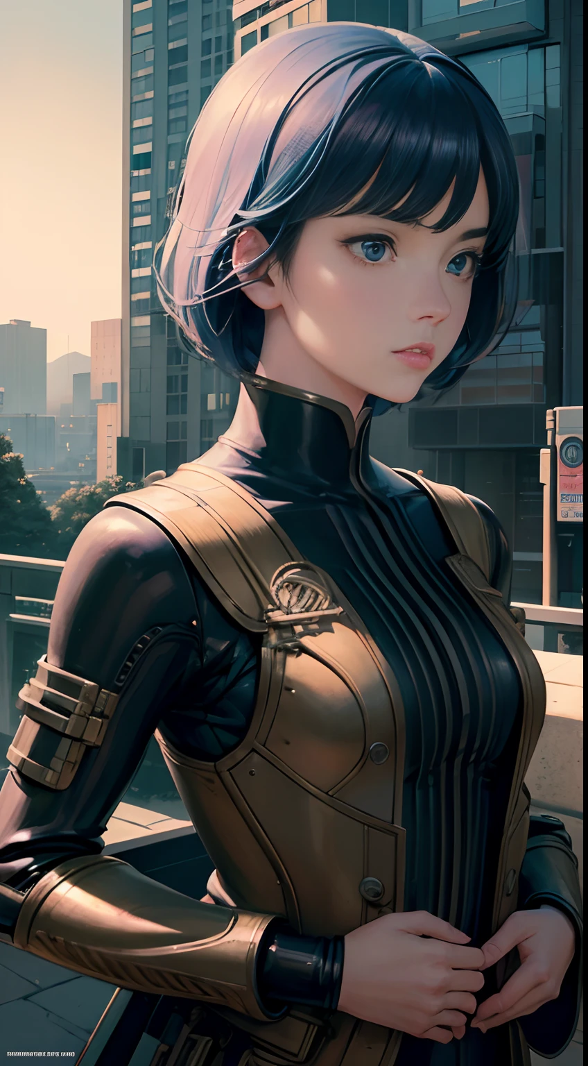 katsuhiro Otomo, M C Escher, François Schuiten, Japanese anime, solo beautiful girl perfect body, part mechanical skin part human skin, in city, jeep, detailed, high resolution definition quality masterpiece, fine lines, vibrant colors, girl, masterpiece, sharp focus, best quality, depth of field, cinematic lighting,