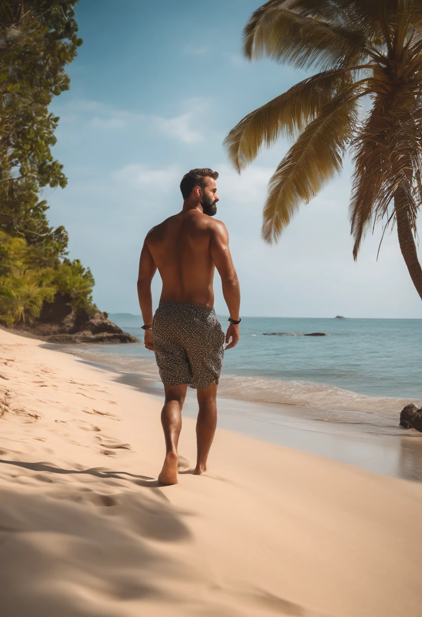 Homem com barba andando na praia, realista, 4k, cinemactic, rosto detalhado, olhos castanhos, SET ATMOSPHERE, poros da pele, fotografia real